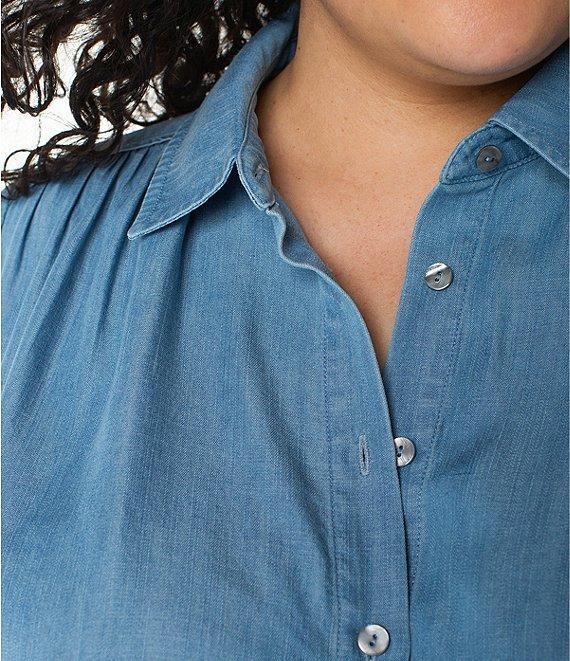 Liverpool Los Angeles Plus Size Woven Point Collar Short Flutter Sleeve Button Front Blouse Product Image