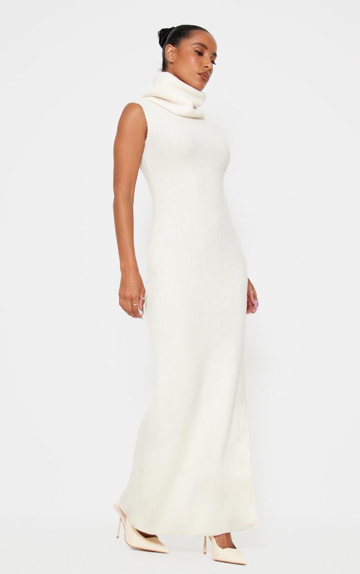 Cream Brushed Rib Roll Neck Maxi Dress Product Image