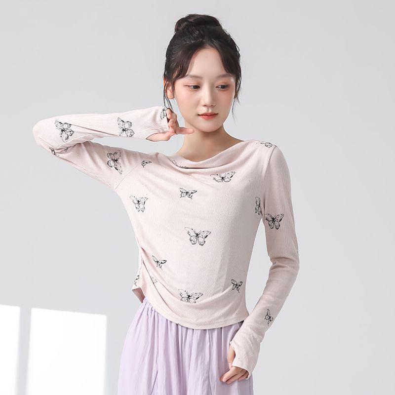Long-Sleeve Boatneck Thumbhole Butterfly Print Top Product Image