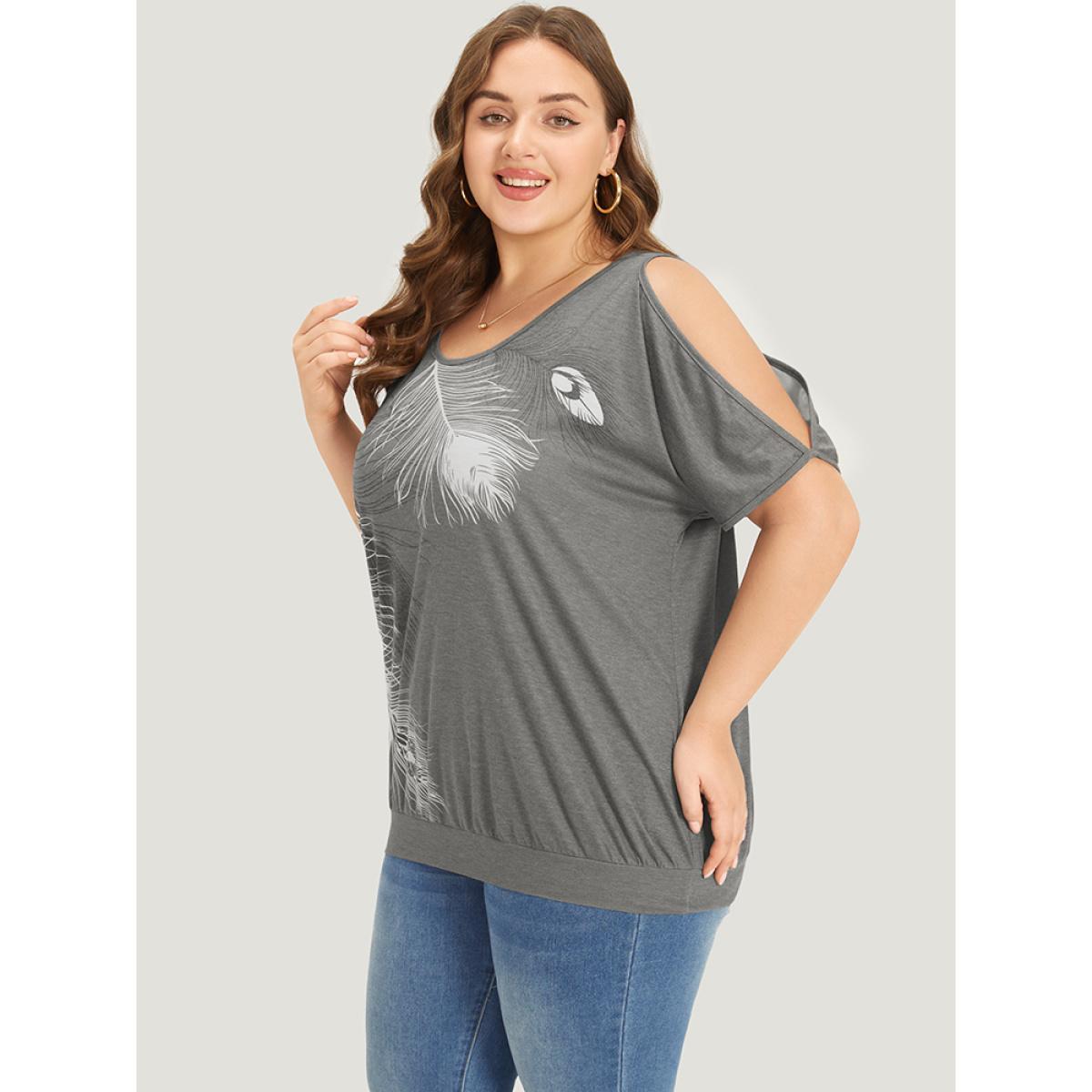 Plus Size Feather Print Cold Shoulder Crew Neck T-shirt Gray Women Elegant Printed Feather Round Neck Dailywear T-shirts BloomChic 26/4X Product Image