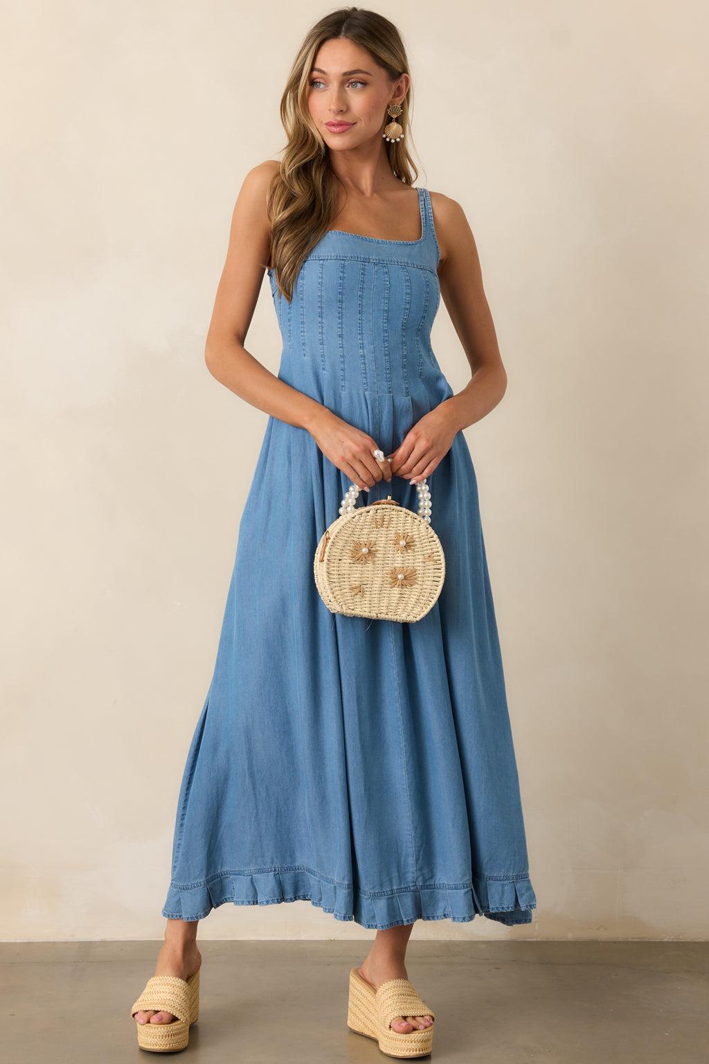 Cascading Echoes Blue Chambray Maxi Dress Product Image
