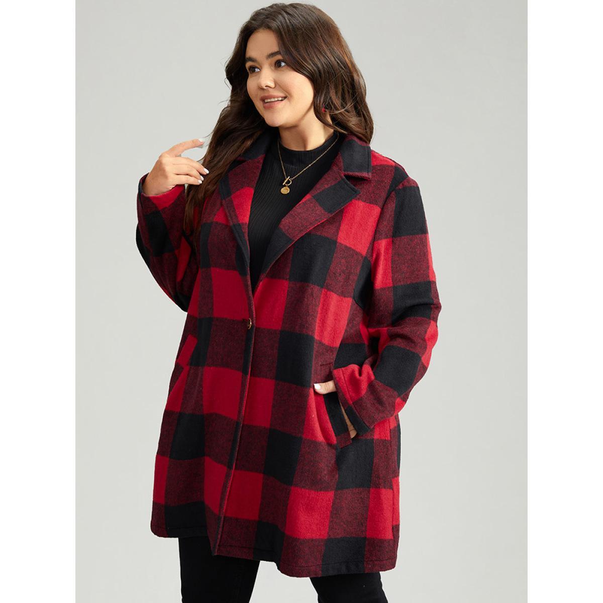 Plus Size Plaid Print Button Down Pocket Tunic Coat Women Crimson Casual Contrast Ladies Dailywear Winter Coats BloomChic 22-24/3X Product Image