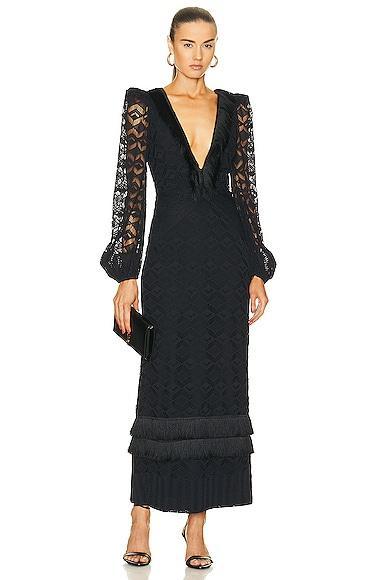 PatBO Crochet Plunge Fringe Trim Maxi Dress Product Image