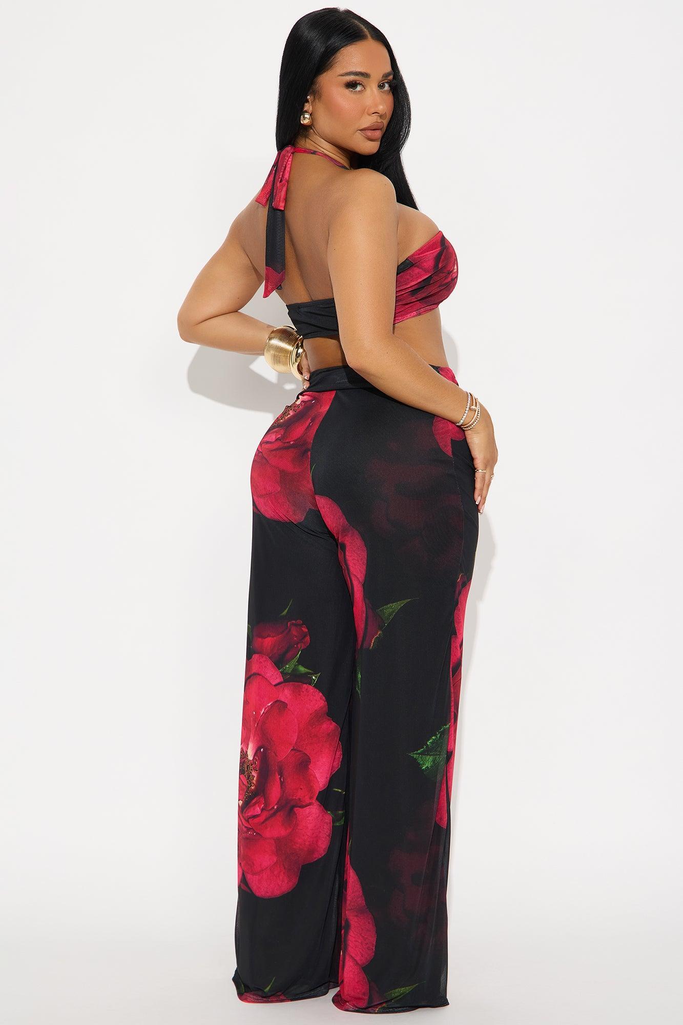 Rosalia Mesh Floral Halter Pant Set - Black/combo Product Image