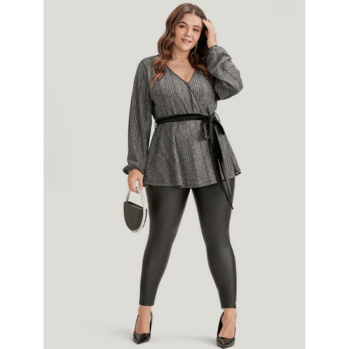 Plus Size Black Solid Wrap Lantern Sleeve Belted Sequin Blouse Women Party Long Sleeve V-neck Going out Blouses BloomChic 14-16/1X Product Image