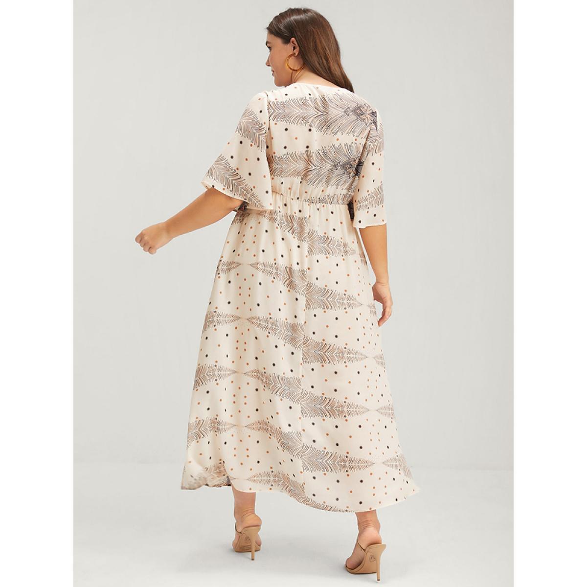 Plus Size Bandana Ruffles Button Split Pocket Ties Wrap Maxi Dress Apricot Women Vacation Printed V-neck Half Sleeve Curvy Long Dress BloomChic 22-24/3X Product Image