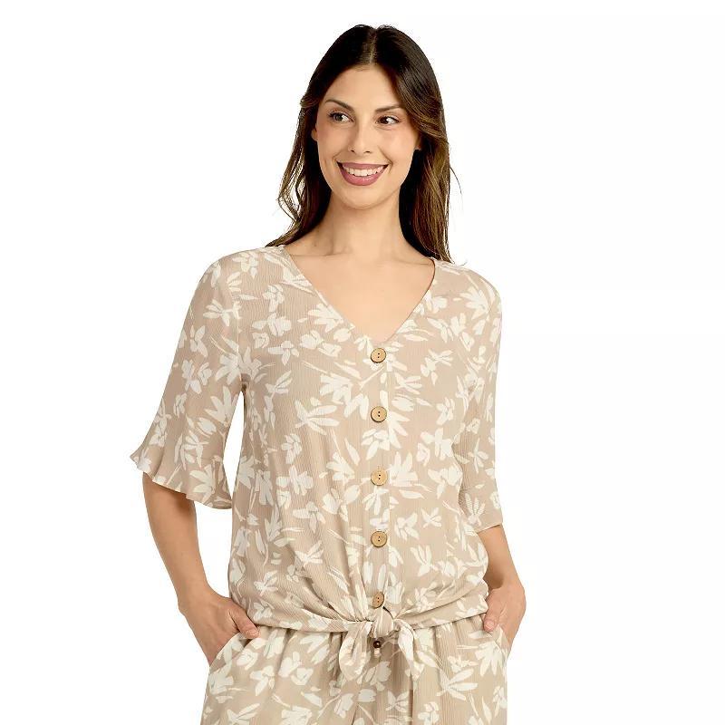 Womens AB Studio Elbow Sleeve Button-Front Tie Hem Top Brown Grnd Floral Product Image