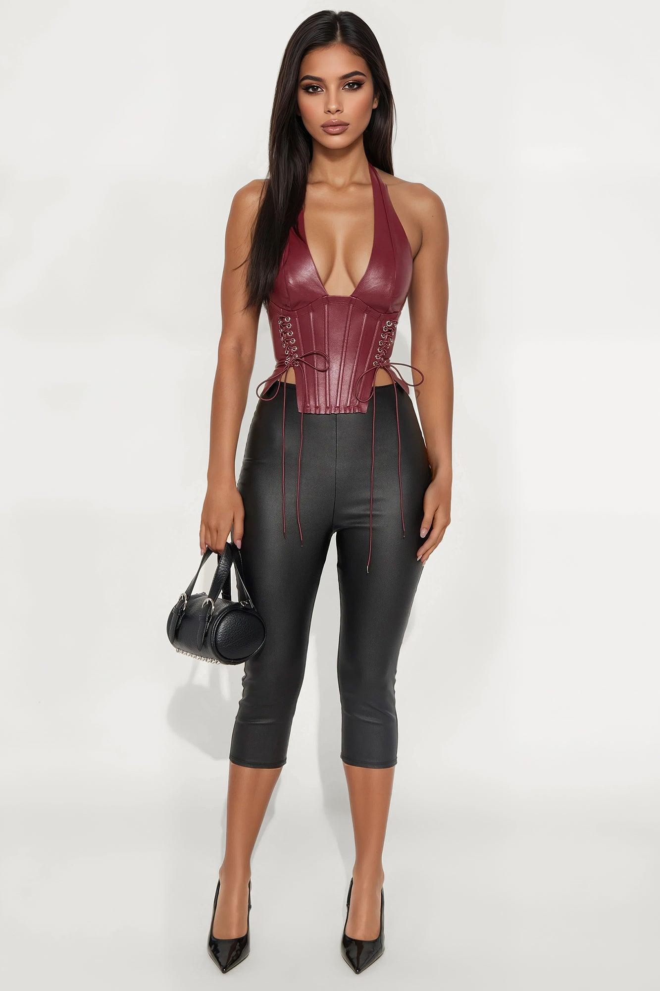 The Baddest Faux Leather Corset Top - Burgundy Female Product Image