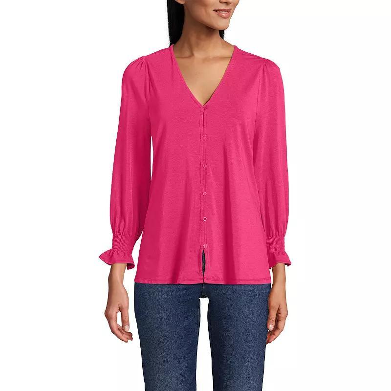 Women's Lands' End 3/4 Sleeve Lightweight Jersey Button Front Top, Size: Large, Spiced Rhubarb Product Image
