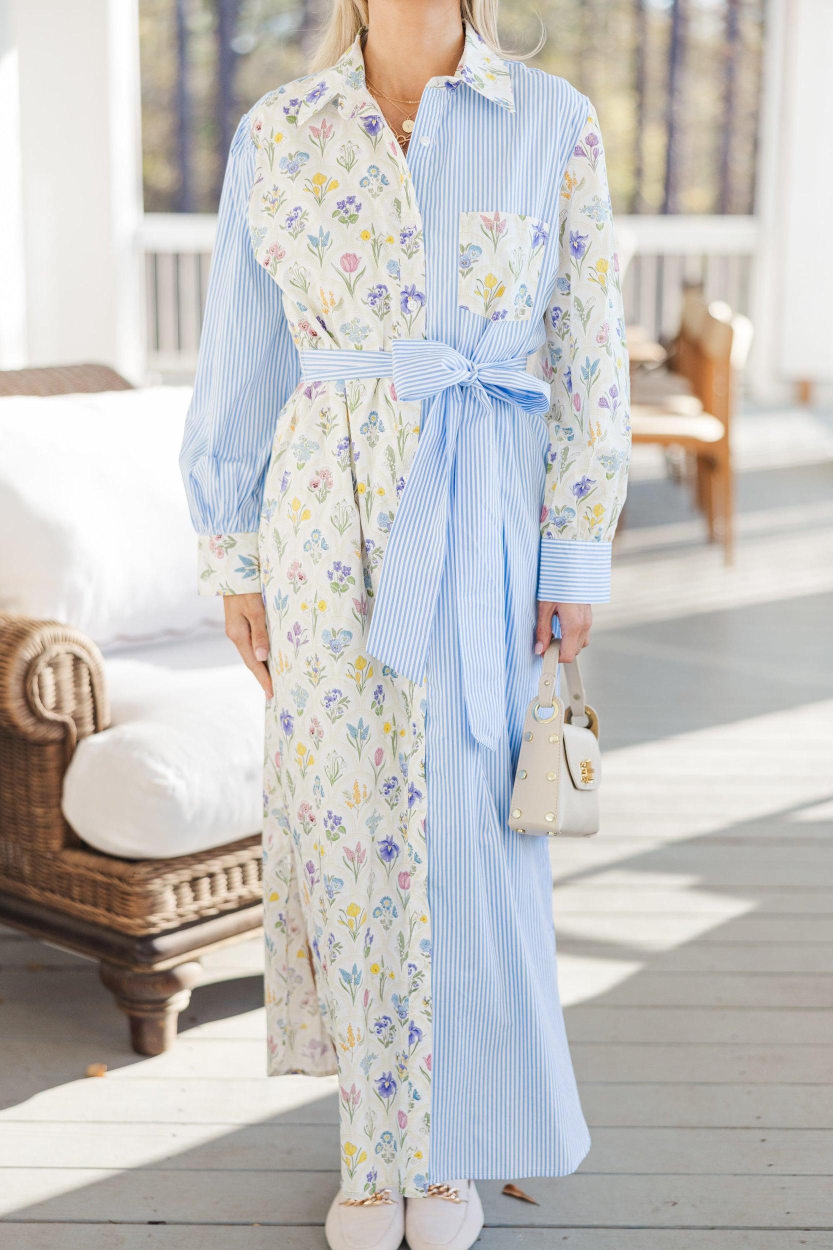 Just A Reminder Blue Mixed Print Midi Dress Female Product Image