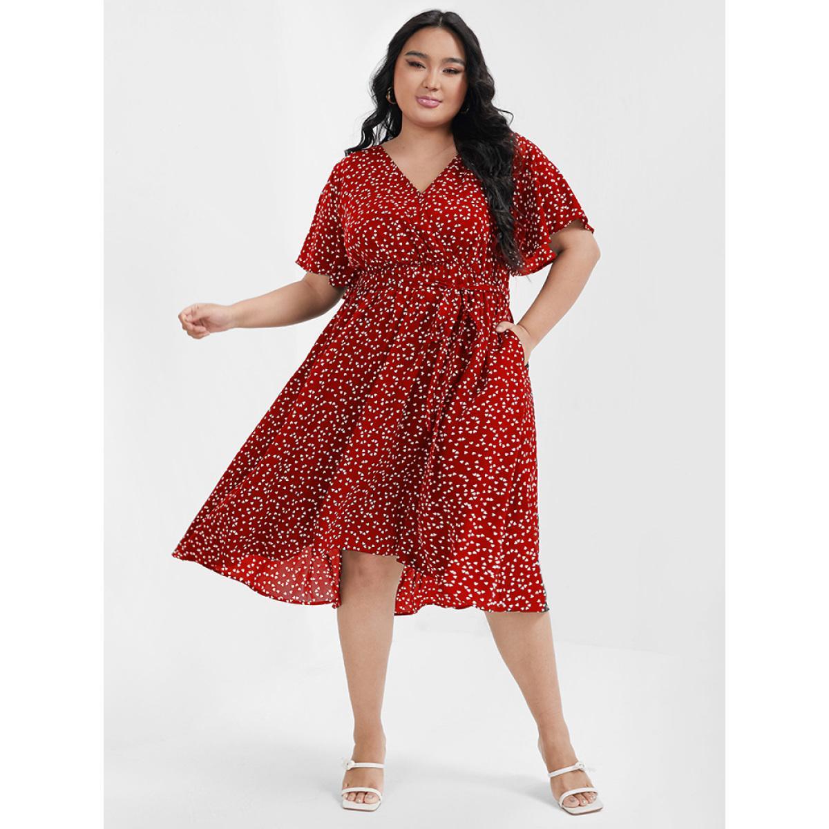 Plus Size Heart Printed Pocket Ties Ruffles Knee Dress Burgundy Women Elegant Elastic Waist V-neck Short sleeve Curvy Knee Dress BloomChic 10/M Product Image
