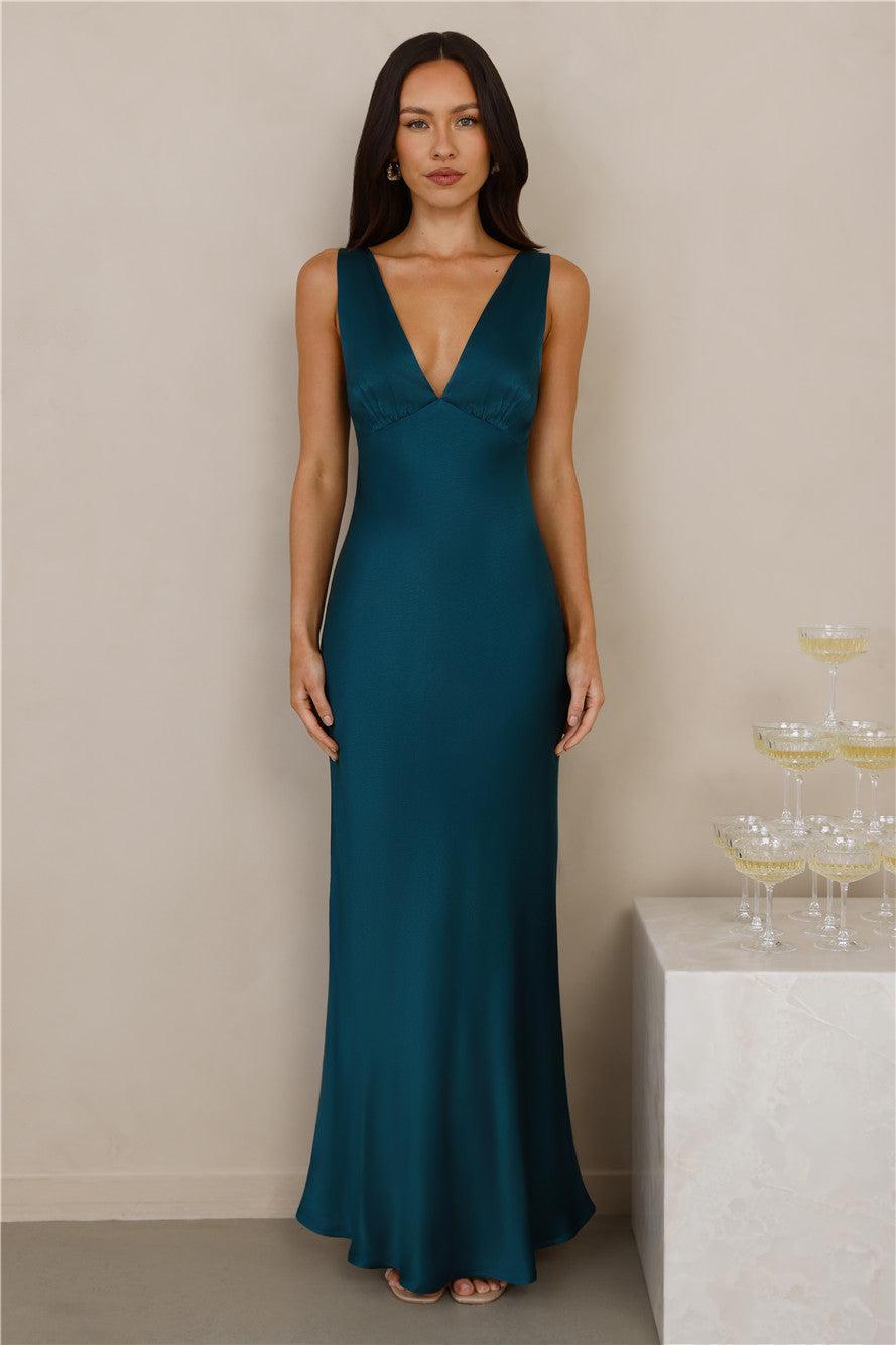 The Isabeau Satin Maxi Dress Teal Product Image