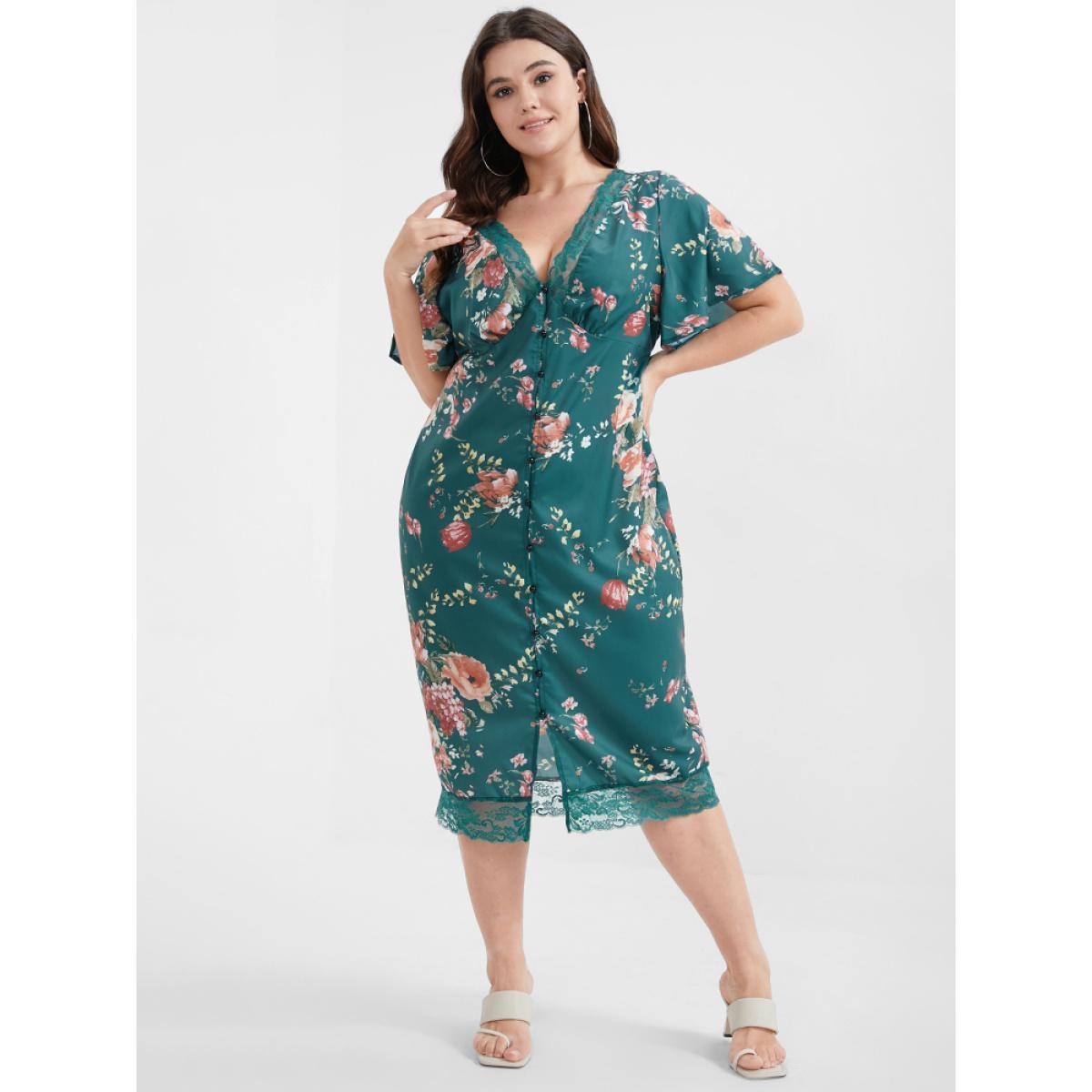 Plus Size Floral V Neck Lace Button Bodycon Dress Teal Women Elegant Printed V-neck Short sleeve Curvy Midi Dress BloomChic 12/L Product Image