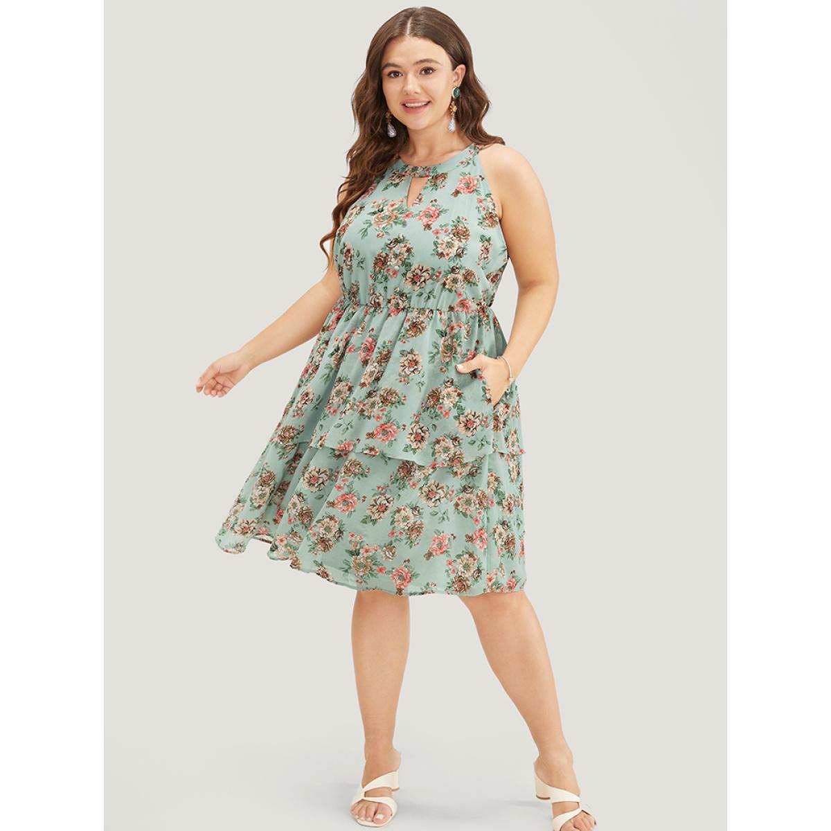 Plus Size Floral Pocket Ruffle Tiered Keyhole Knotted Halter Dress Mint Women Elegant Lined Halter neck Sleeveless Curvy Knee Dress BloomChic 10/M Product Image