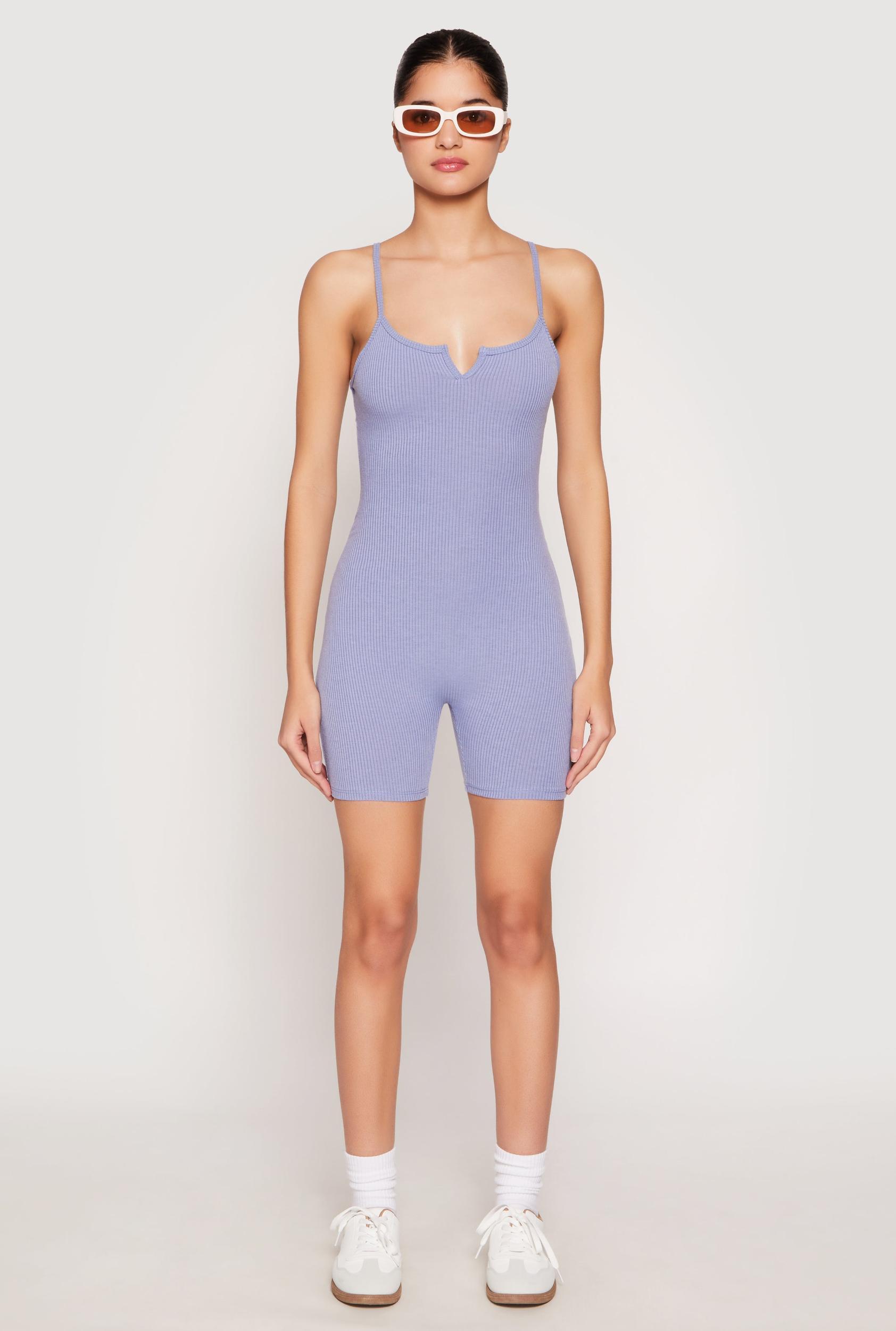 Womens Ribbed Knit Notch Neck Cami Romper Product Image