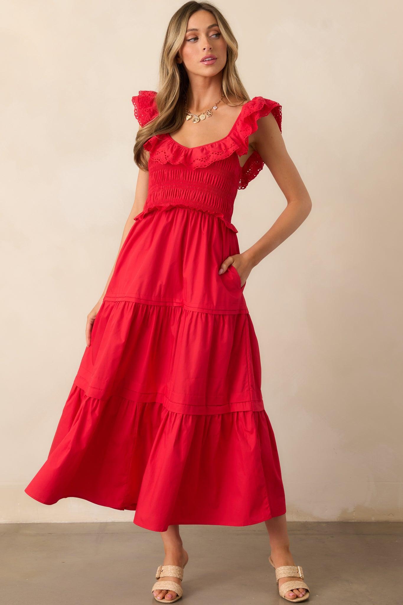 Patio Sunsets Cotton Red Maxi Dress Product Image