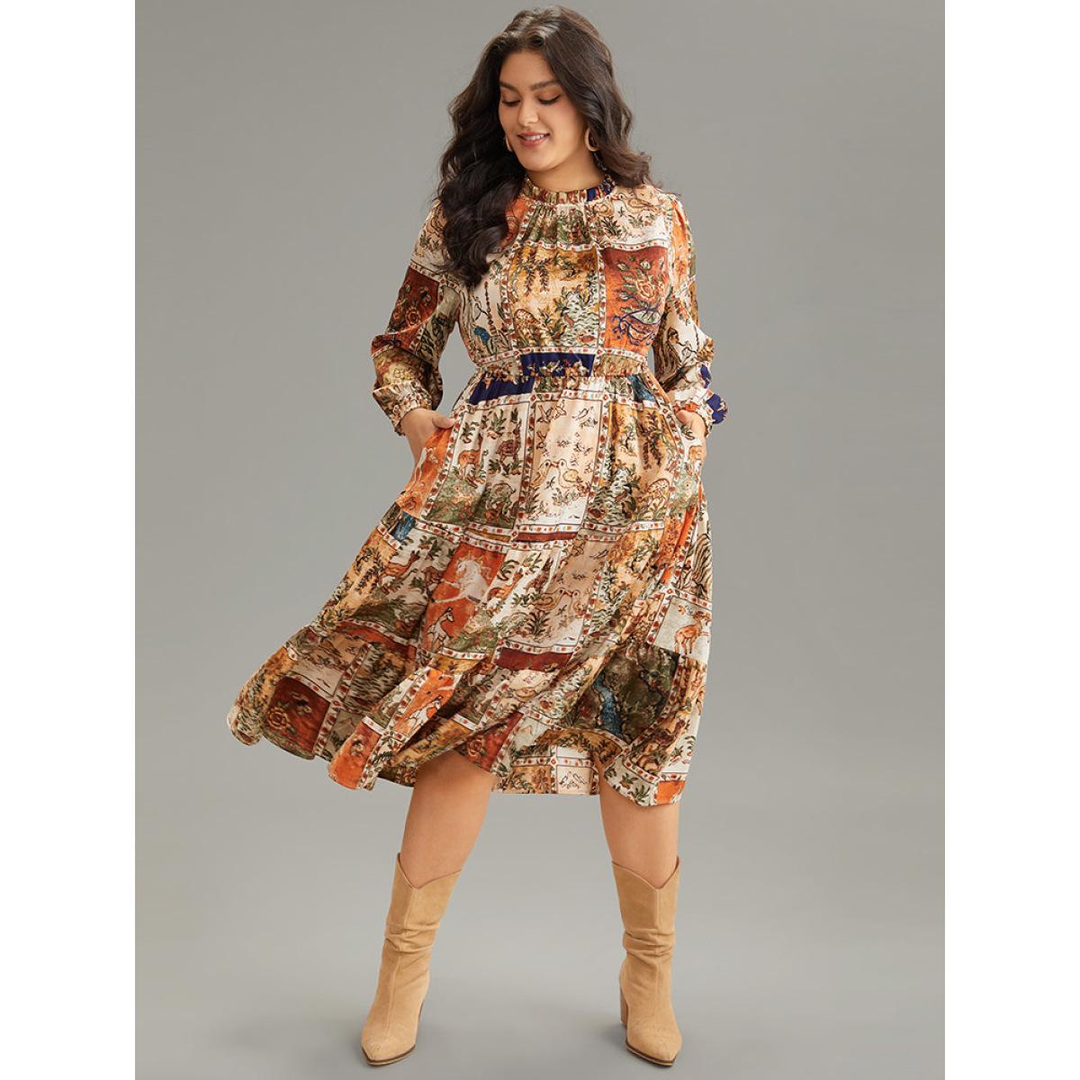 Plus Size Boho Print Stand Collar Pleated Lantern Sleeve Dress Chocolate Women Vacation Elastic cuffs Stand-up collar Long Sleeve Curvy Midi Dress BloomChic 28/5X Product Image