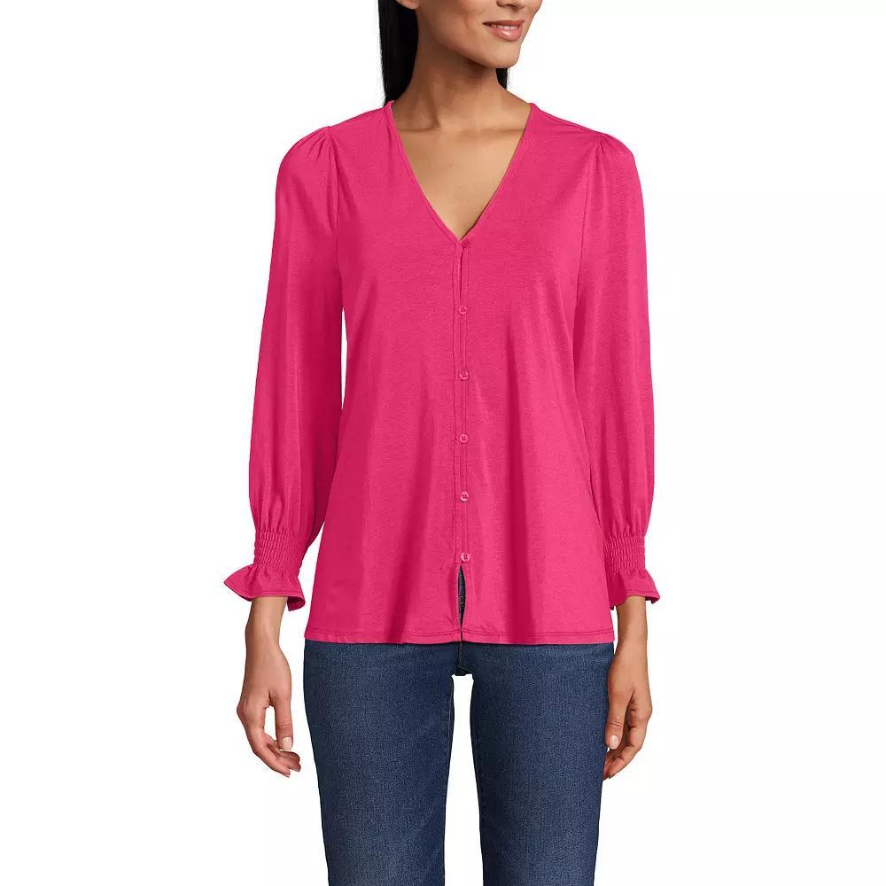 Women's Lands' End 3/4 Sleeve Lightweight Jersey Button Front Top, Size: Large, Spiced Rhubarb Product Image