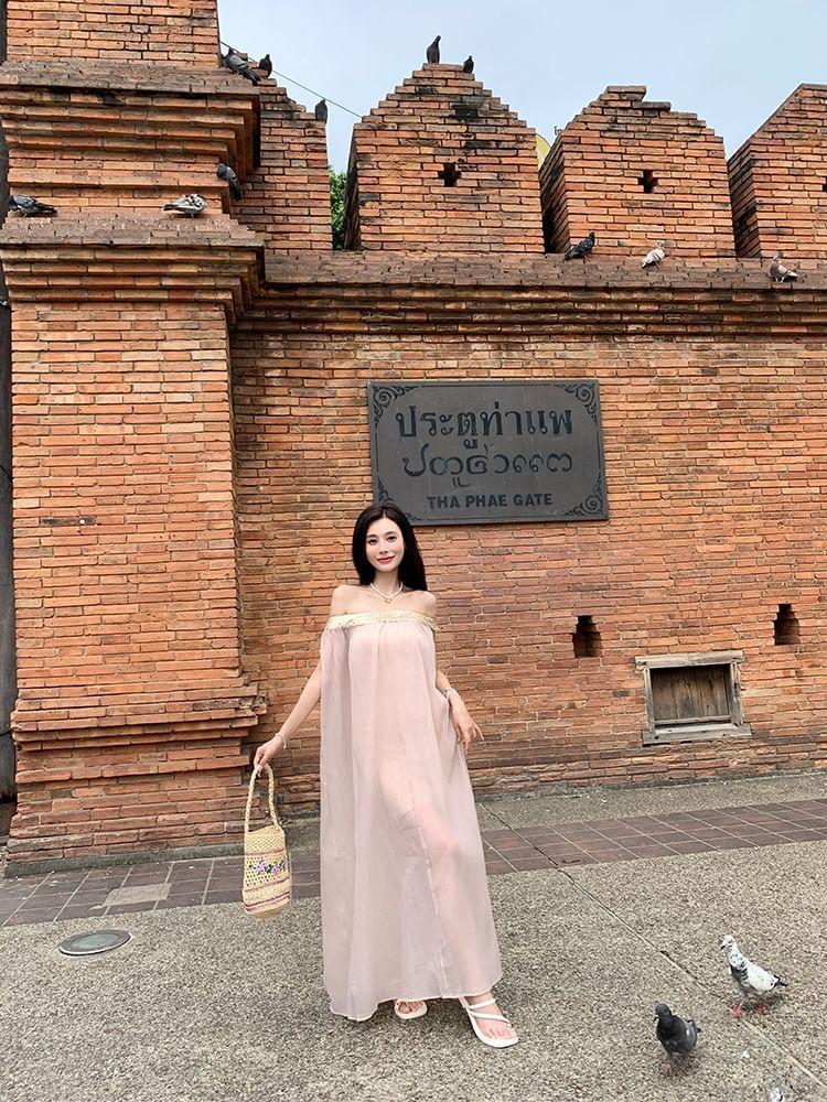 Off-Shoulder Sequin Panel Sheer Maxi Tunic Dress Product Image