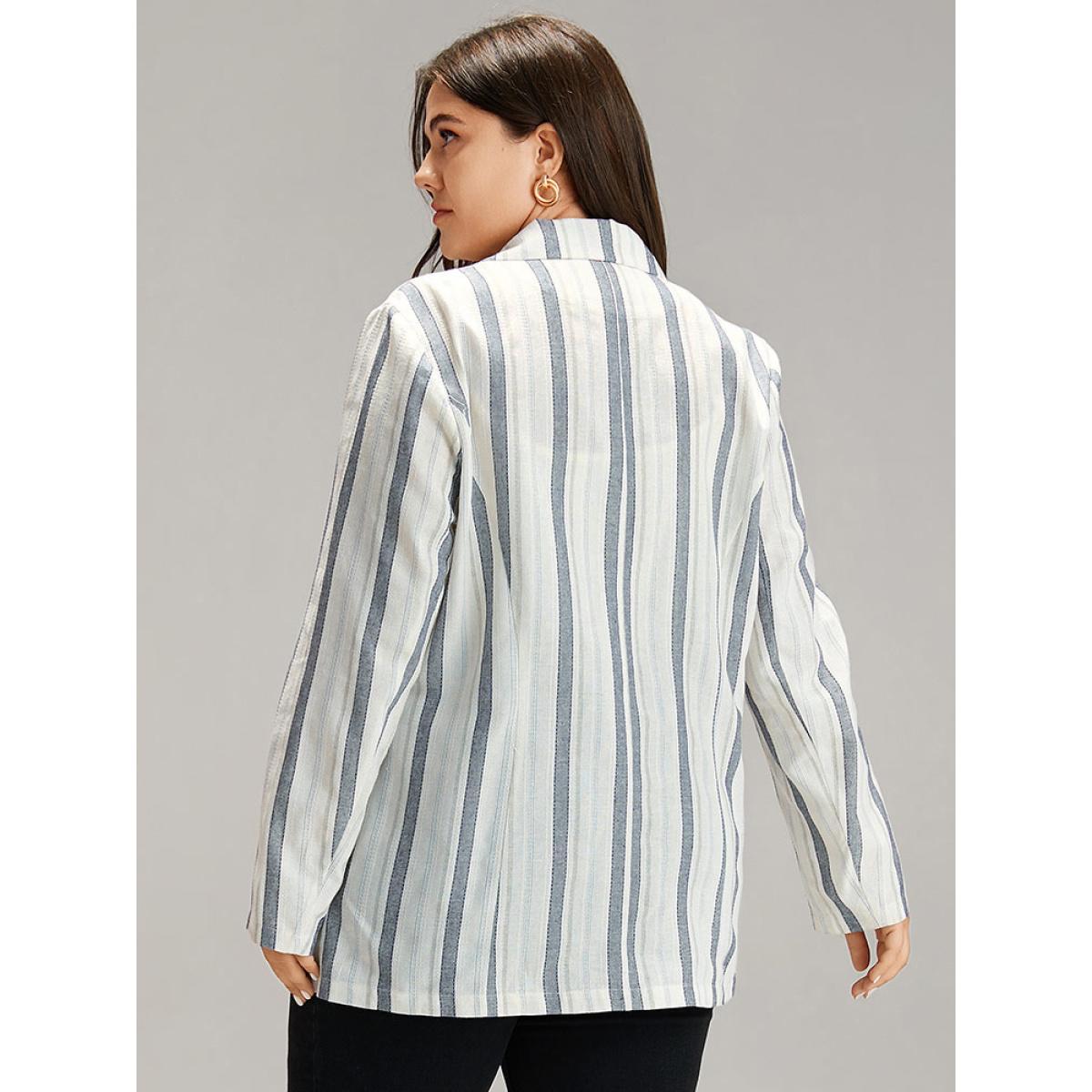 Plus Size Striped Suit Collar Pocket Blazer Blue Women Dailywear Striped Contrast Sleeve Long Sleeve Suit Collar 10/M Pocket Casual Blazers BloomChic Product Image