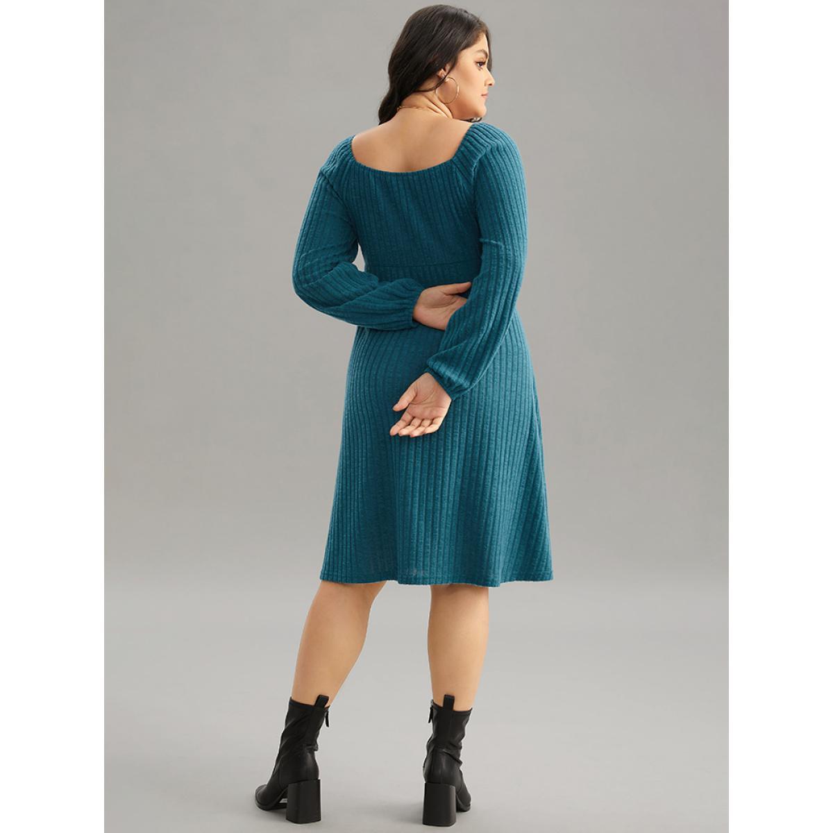 Plus Size Rib Knit Ties Square Neck Lantern Sleeve Dress Aegean Women Casual Elastic cuffs Square Neck Long Sleeve Curvy Midi Dress BloomChic 30/6X Product Image