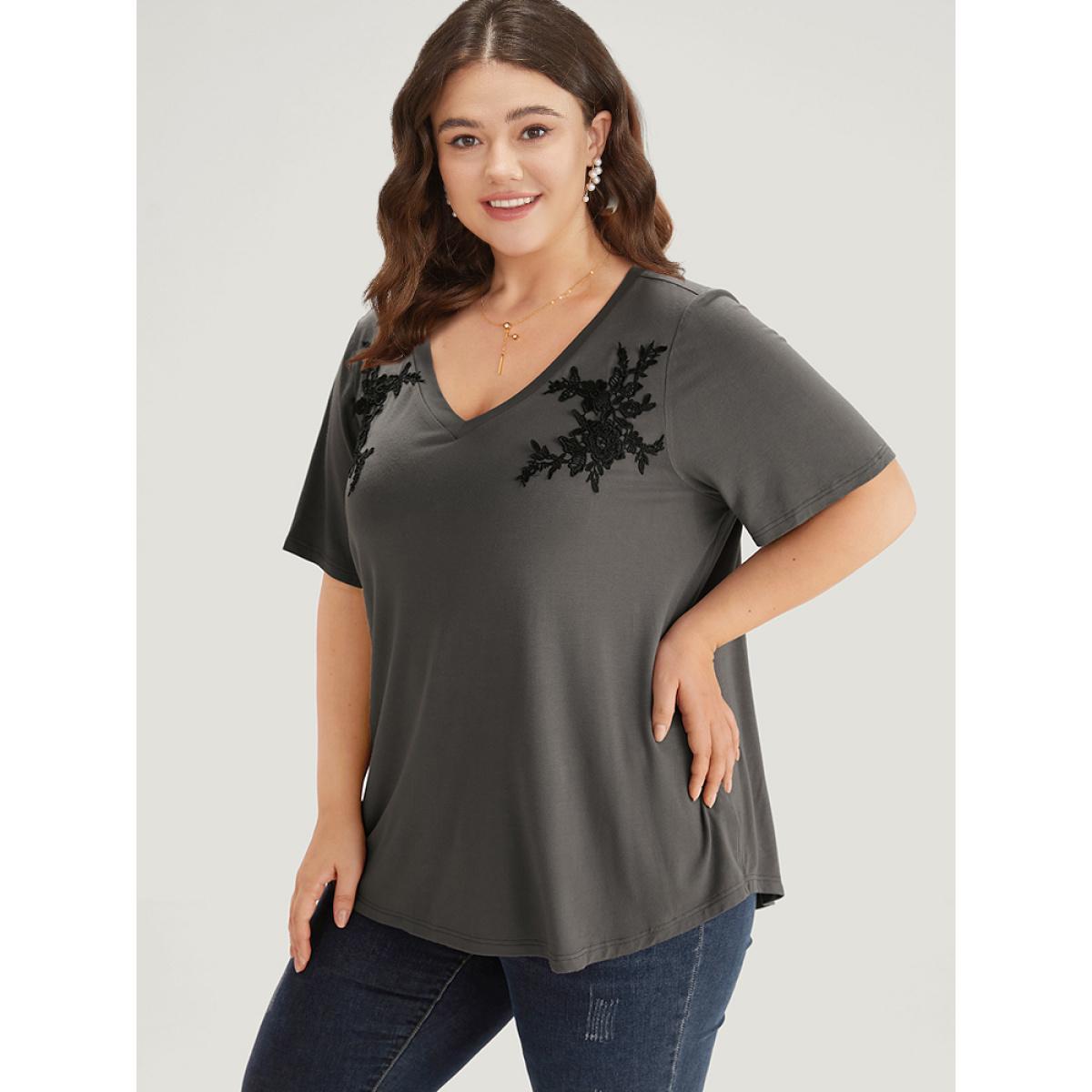 Plus Size Supersoft Essentials Floral V Neck Short Sleeve T-shirt DimGray Women Elegant Embroidered Silhouette Floral Print V-neck Dailywear T-shirts BloomChic 12/L Product Image