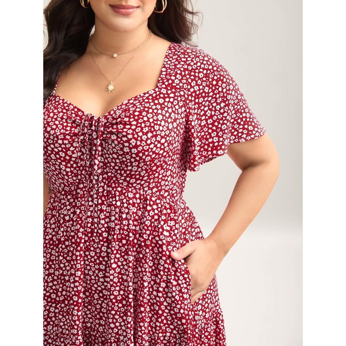 Plus Size Ditsy Floral Sweetheart Drawstring Pocket Tiered Dress Mauve Women Elegant Non V-neck Short sleeve Curvy Midi Dress BloomChic 14-16/1X Product Image