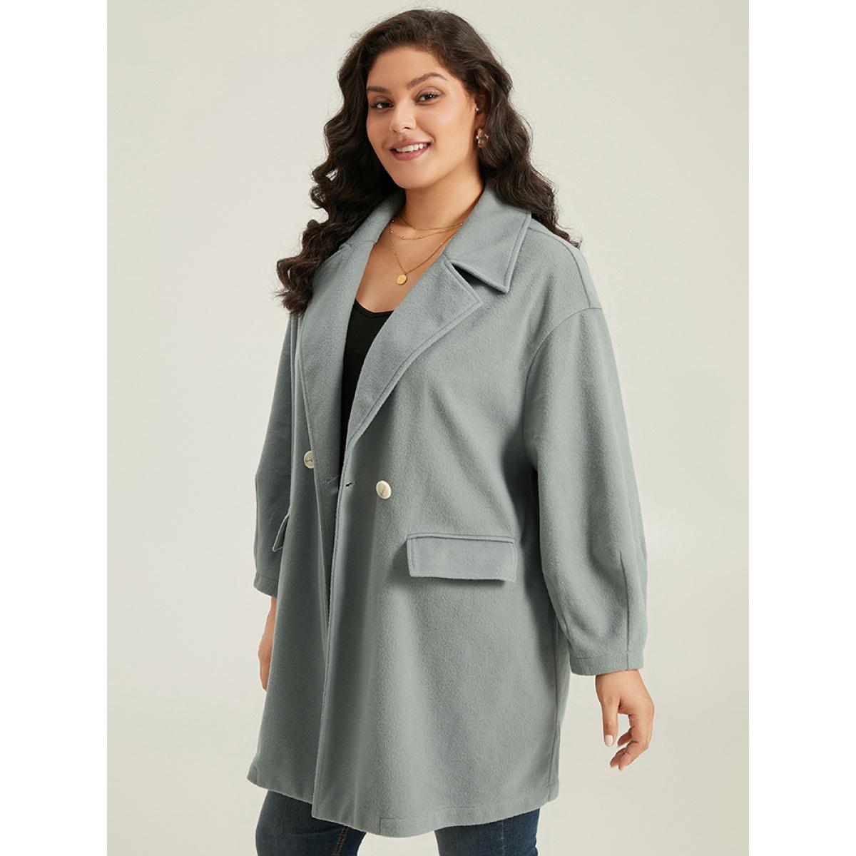 Plus Size Button Fly Flap Pocket Lantern Sleeve Coat Women Silver Office Plain Ladies Work Winter Coats BloomChic 12/L Product Image