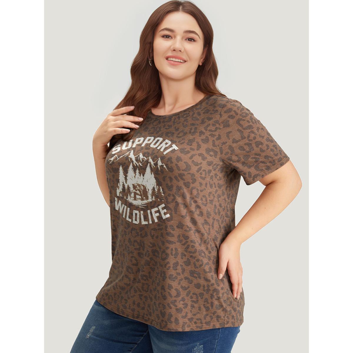 Plus Size Leopard Graphic & Letter Print Crew Neck T-shirt Multicolor Women Casual Landscape Dailywear T-shirts BloomChic 12/L Product Image