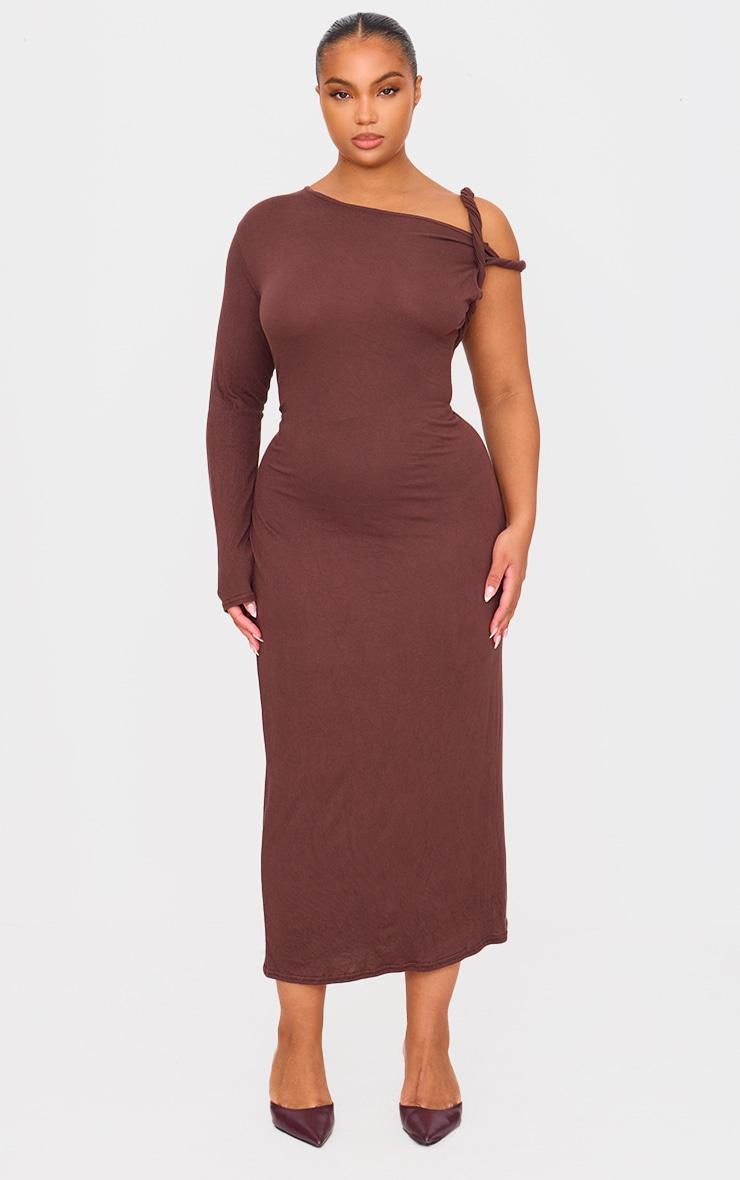 Plus Chocolate Asymmetric Twist Shoulder Soft Touch Midi Dress Product Image