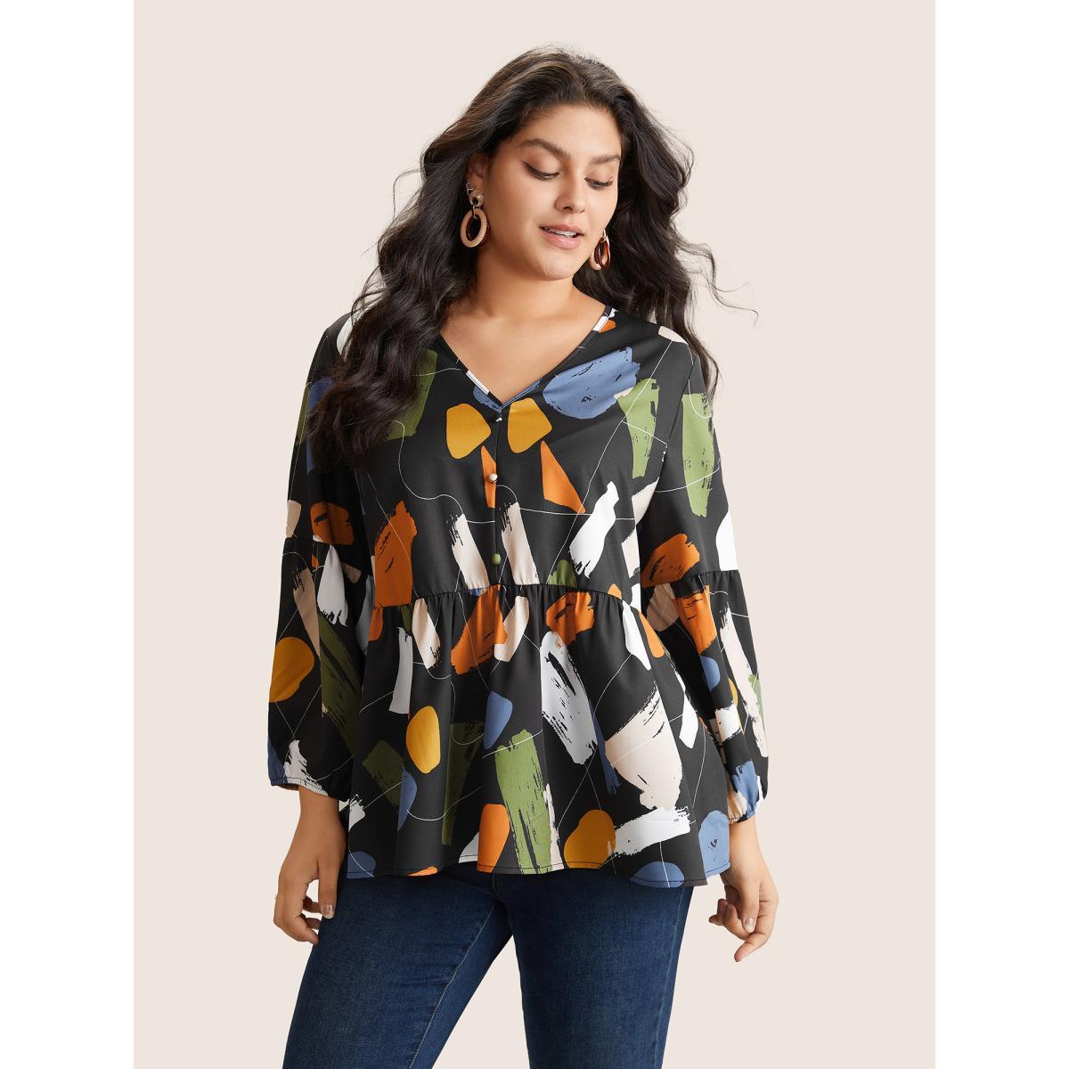 Plus Size Black Brush Print Button Detail Elastic Cuffs Blouse Women Casual Long Sleeve V-neck Everyday Blouses BloomChic 12/L Product Image