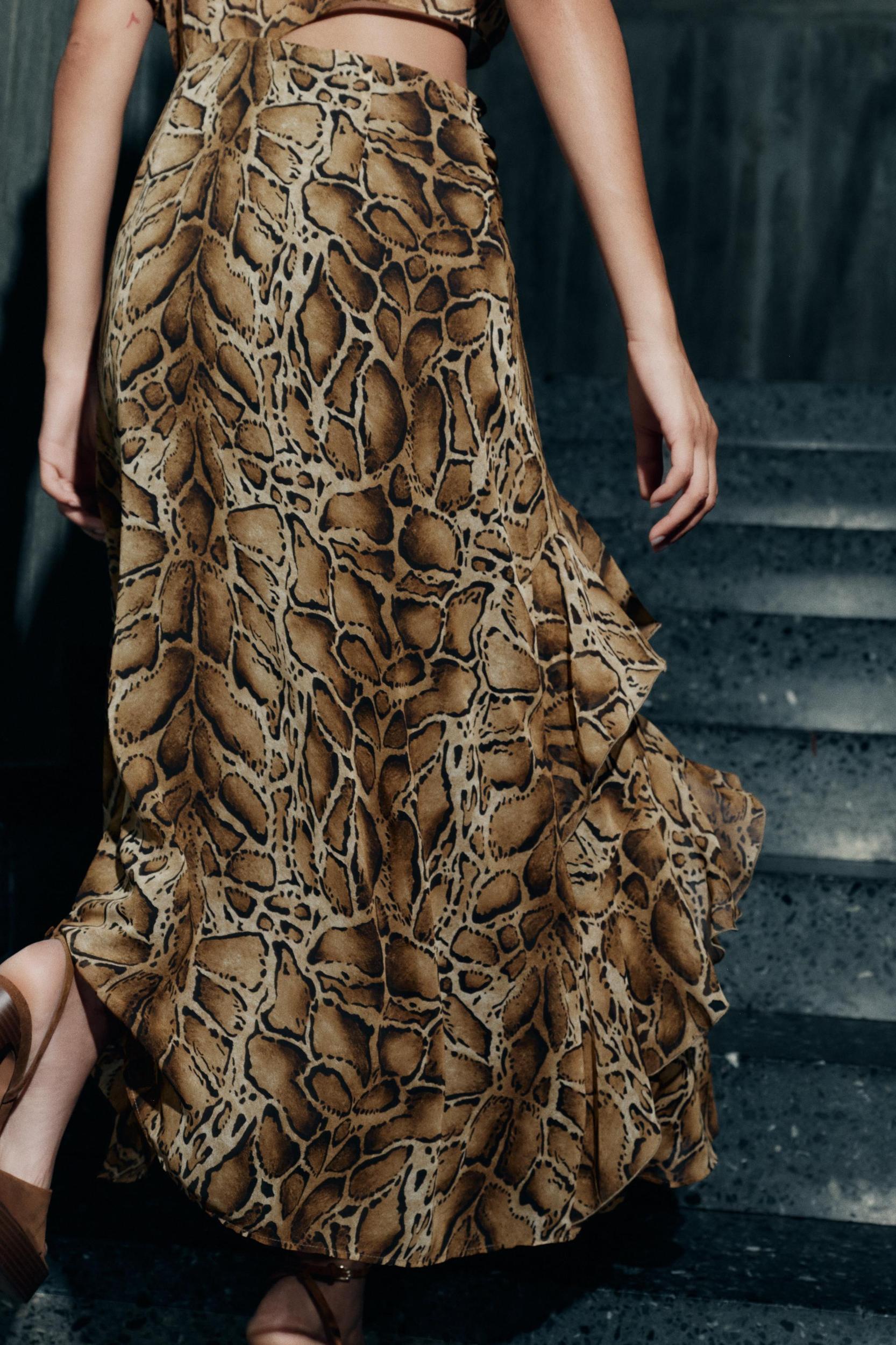 RUFFLED ANIMAL PRINT MIDI DRESS Product Image