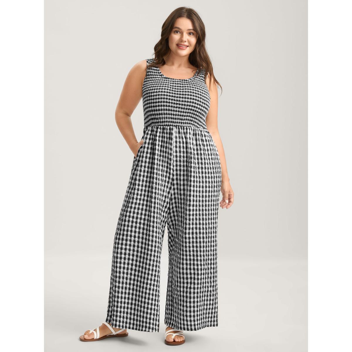 Plus Size Black Gingham Print Shirred Straight-Leg Jumpsuit Women Sleeveless U-neck Everyday-Casual Loose Jumpsuits BloomChic 10/M Product Image