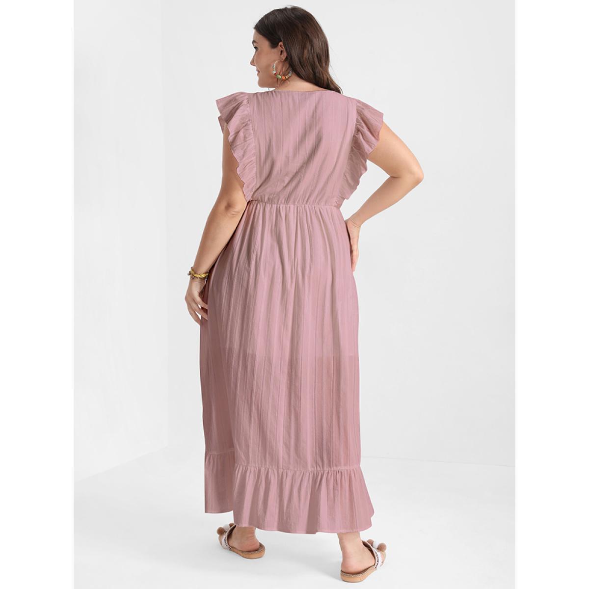 Plus Size Solid V Neck Ruffles Split Pocket Maxi Dress DustyPink Women Elegant Pocket V-neck Cap Sleeve Curvy Long Dress BloomChic 18-20/2X Product Image