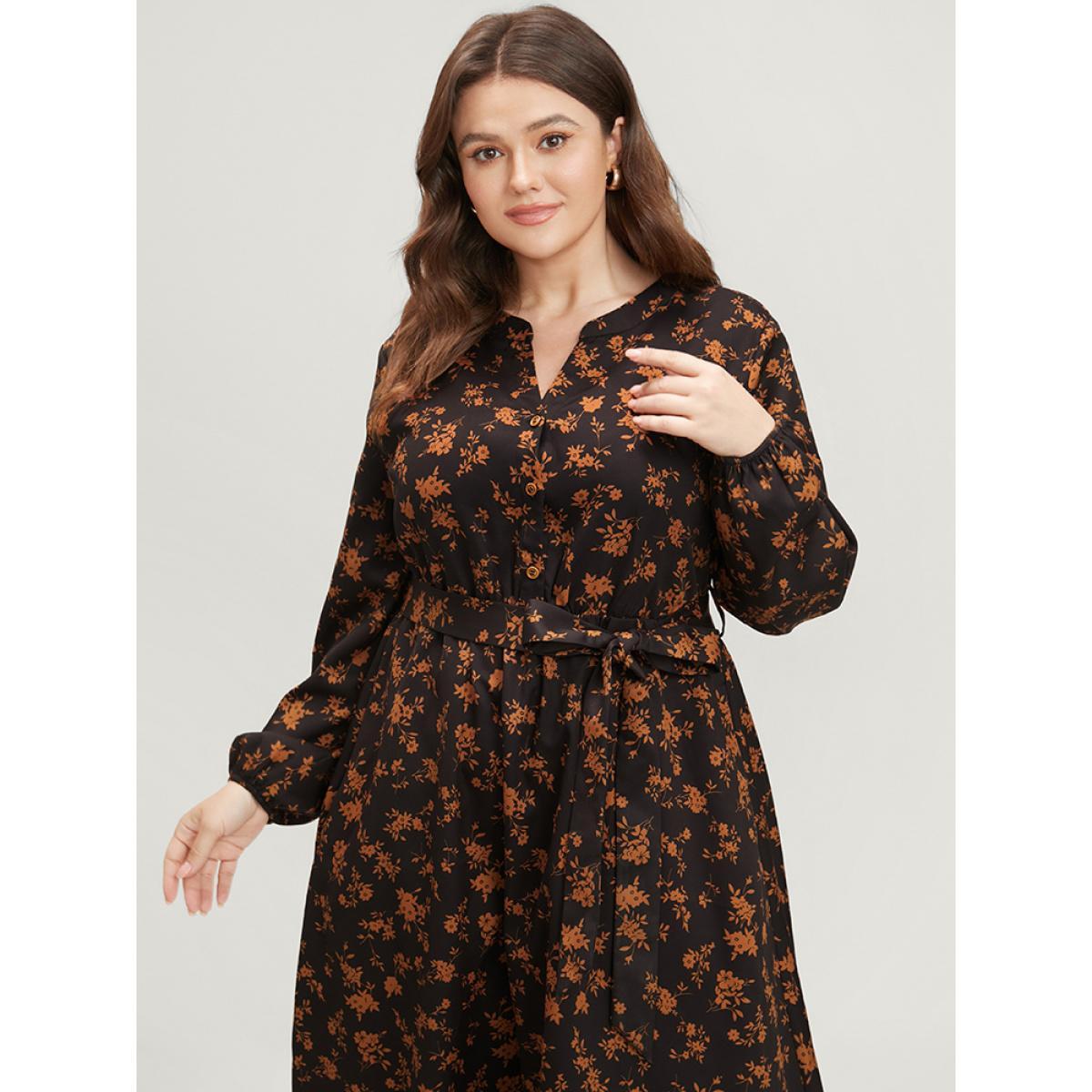 Plus Size Ditsy Floral Pocket Belted Lantern Sleeve Midi Dress Black Women Elegant Button V-neck Long Sleeve Curvy Midi Dress BloomChic 14-16/1X Product Image