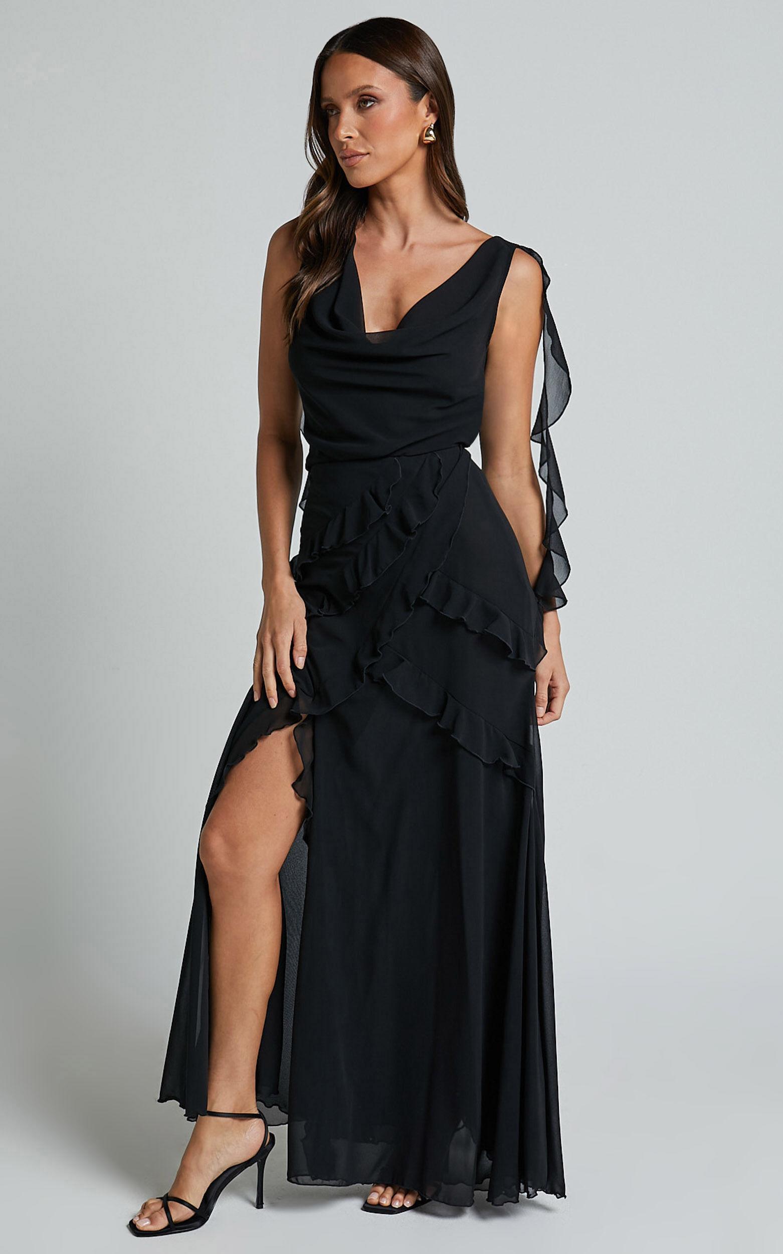 Lowen Maxi Skirt - High Waist Frill Thigh Split Skirt in Black Product Image