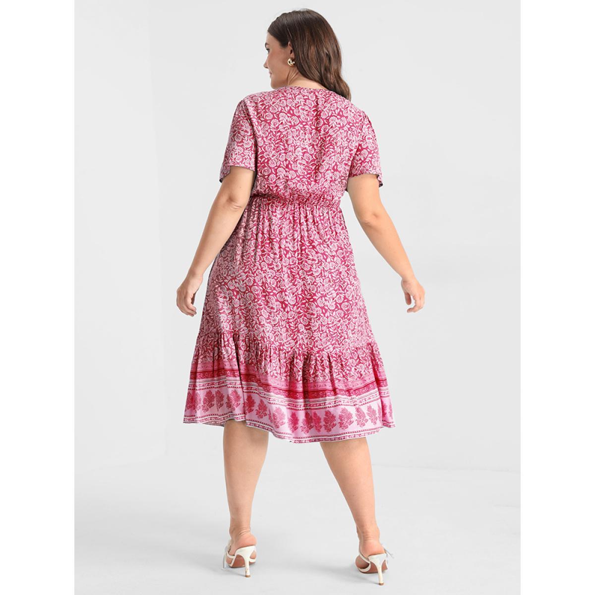 Plus Size Ditsy Floral Ruffled Knotted Wrap Dress Pink Women Elegant Ruffles V-neck Short sleeve Curvy Knee Dress BloomChic 18-20/2X Product Image