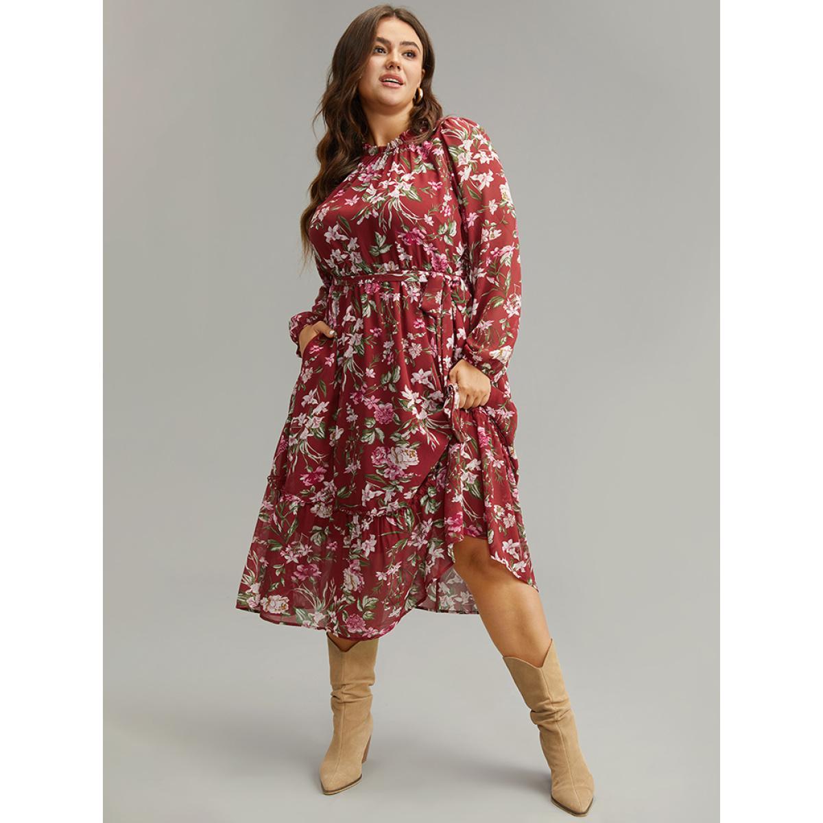 Plus Size Floral Print Belted Patchwork Gathered Dress Scarlet Women Elegant Elastic cuffs Round Neck Long Sleeve Curvy Midi Dress BloomChic 22-24/3X Product Image