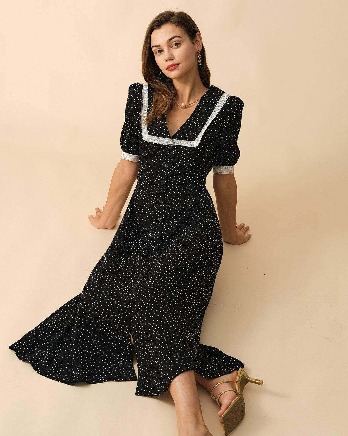 The Polka Dot Lace Trim Midi Dress Female Product Image