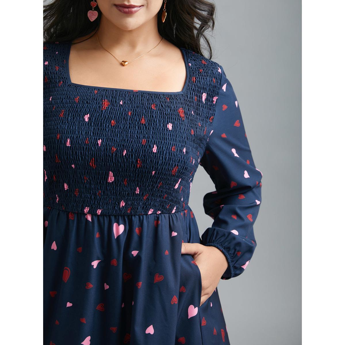 Plus Size Square Neck Shirred Hearts Midi Dress Indigo Women Elegant Shirred Square Neck Long Sleeve Curvy BloomChic 14-16/1X Product Image
