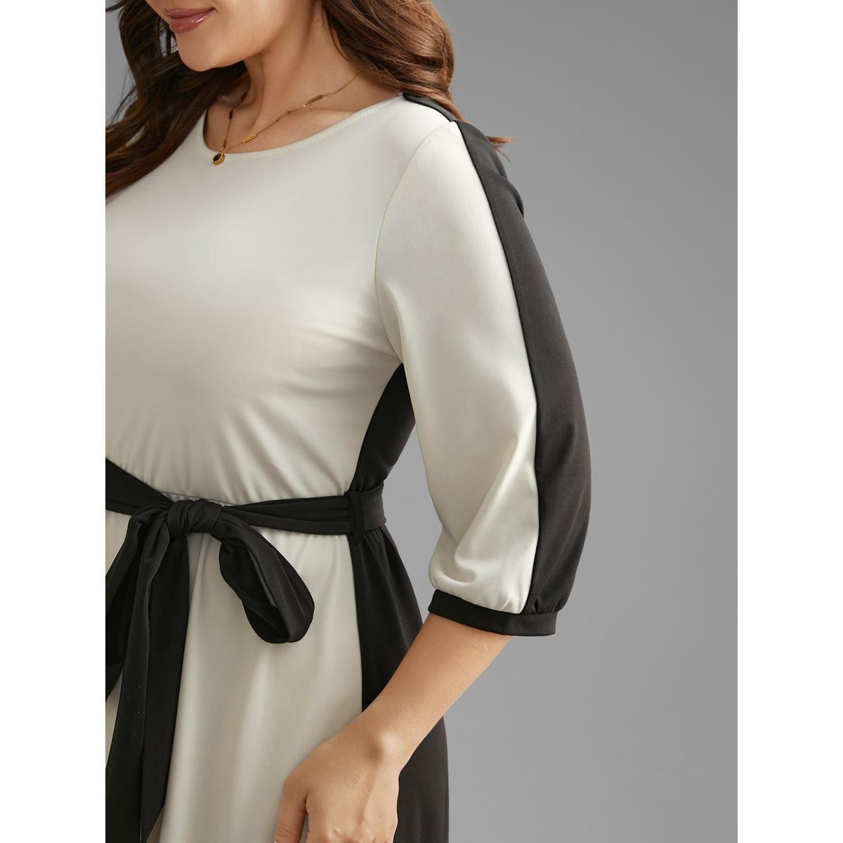 Plus Size Contrast Patchwork Lantern Sleeve Belted Dress Multicolor Women At the Office Belted Round Neck Elbow-length sleeve Curvy BloomChic 22-24/3X Product Image