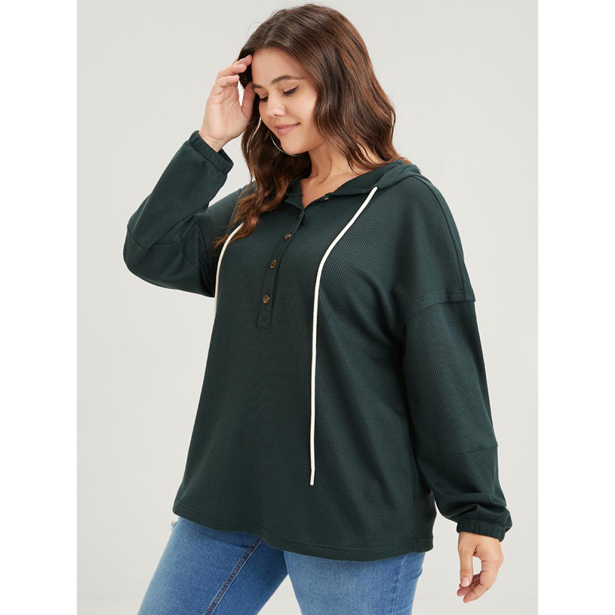 Plus Size Solid Pocket Button Drawstring Waffle Knit Hooded Sweatshirt Women Green Casual Drawstring Loose Hooded Dailywear Sweatshirts BloomChic 28/5X Product Image