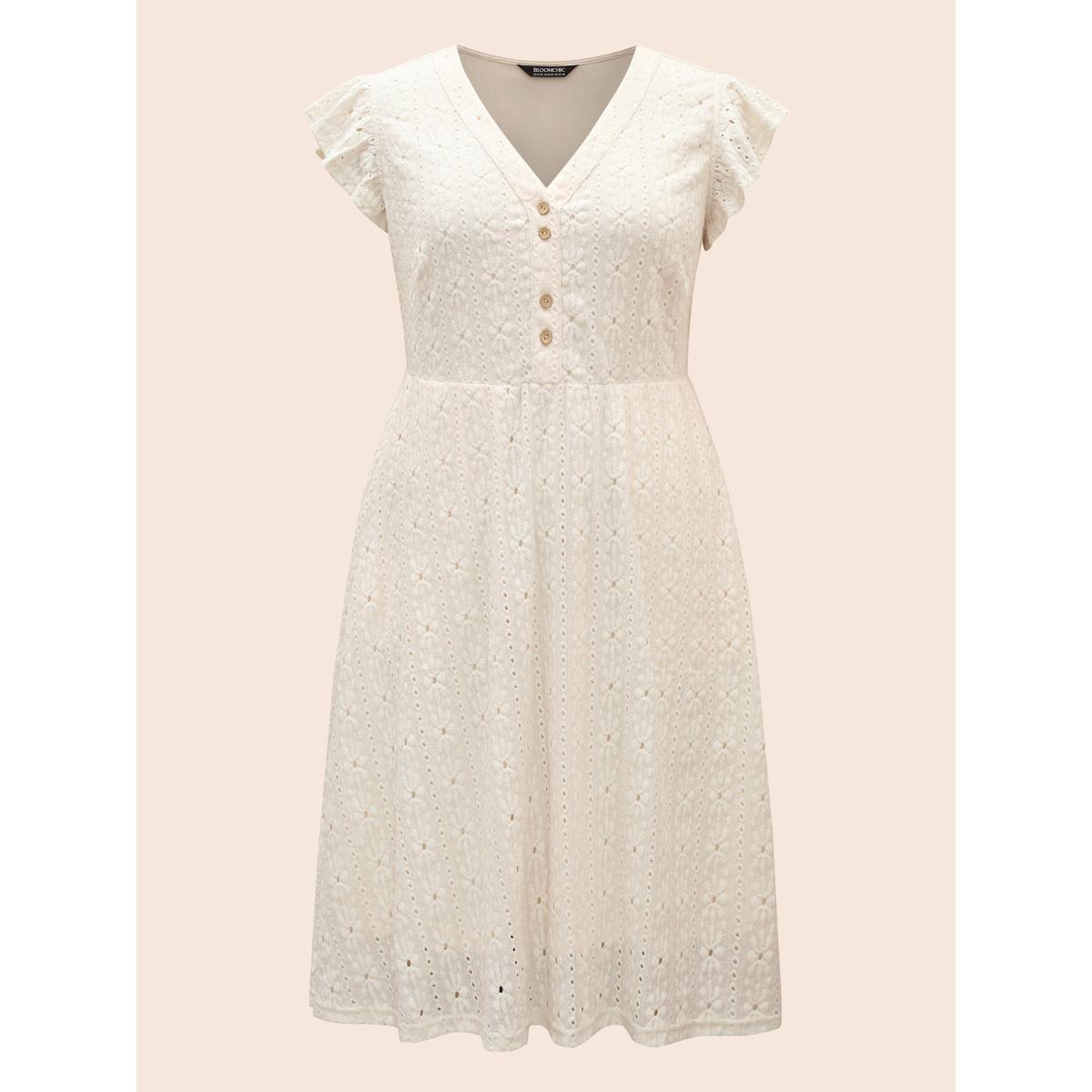 Plus Size Textured Button Detail Cap Sleeve Dress Ivory Women Elegant Texture V-neck Cap Sleeve Curvy BloomChic 26/4X Product Image
