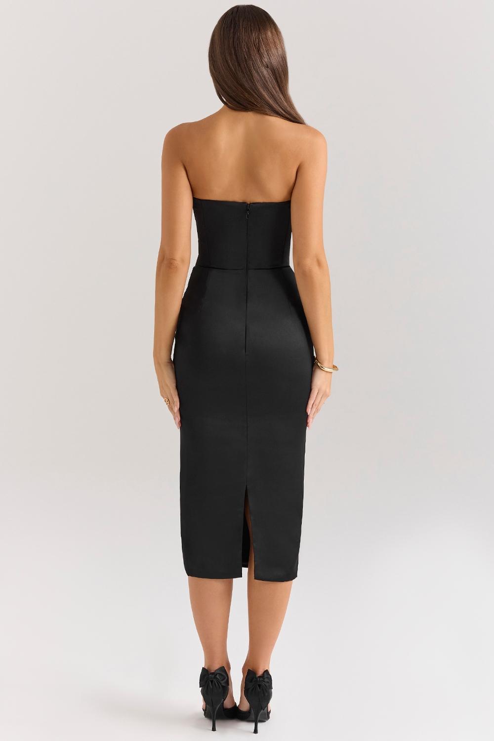 Santana Black Satin Strapless Midi Dress Product Image
