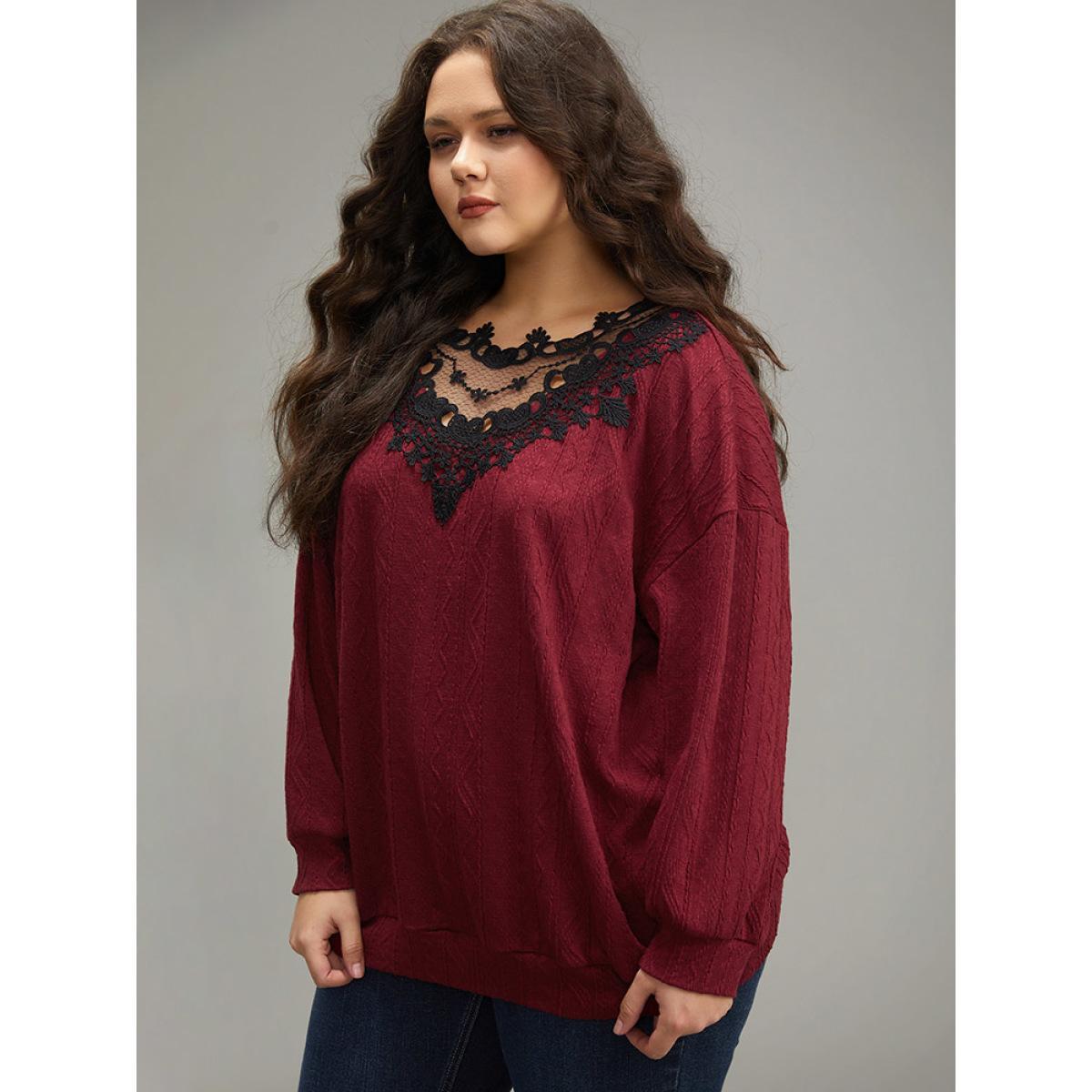 Plus Size Plain Textured Patchwork Lace Panel Sweatshirt Women Scarlet Elegant Elastic cuffs Round Neck Everyday Sweatshirts BloomChic 26/4X Product Image
