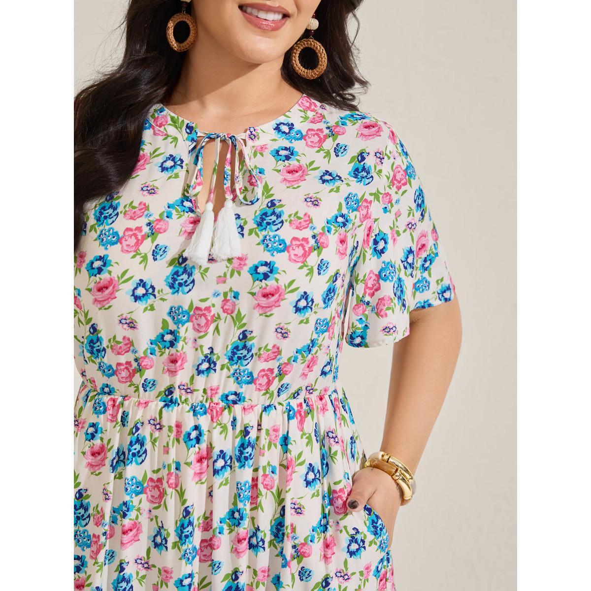 Plus Size Rayon Floral Print Neck Tie Pockets Midi Dress Multicolor Women Notched collar Short sleeve Curvy BloomChic 18-20/2X Product Image