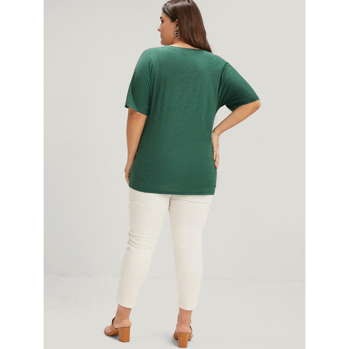 Plus Size Solid Round Neck Button Raglan Sleeve Modal T-shirt Green Women Casual Button Plain Round Neck Dailywear T-shirts BloomChic 26/4X Product Image