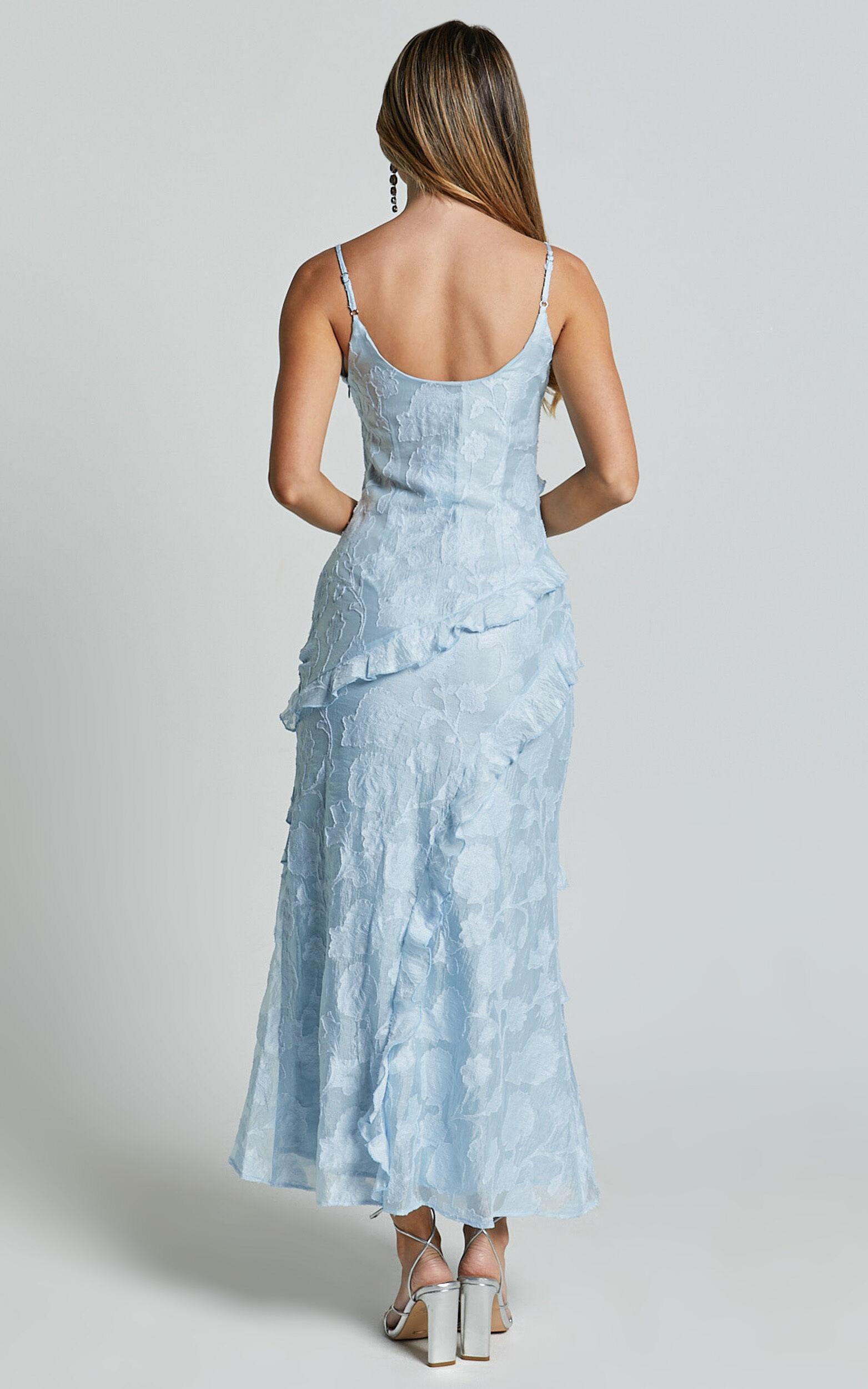 Michaela Midi Dress - Jacquard Ruffle Detail Tiered Dress in Light Blue Product Image