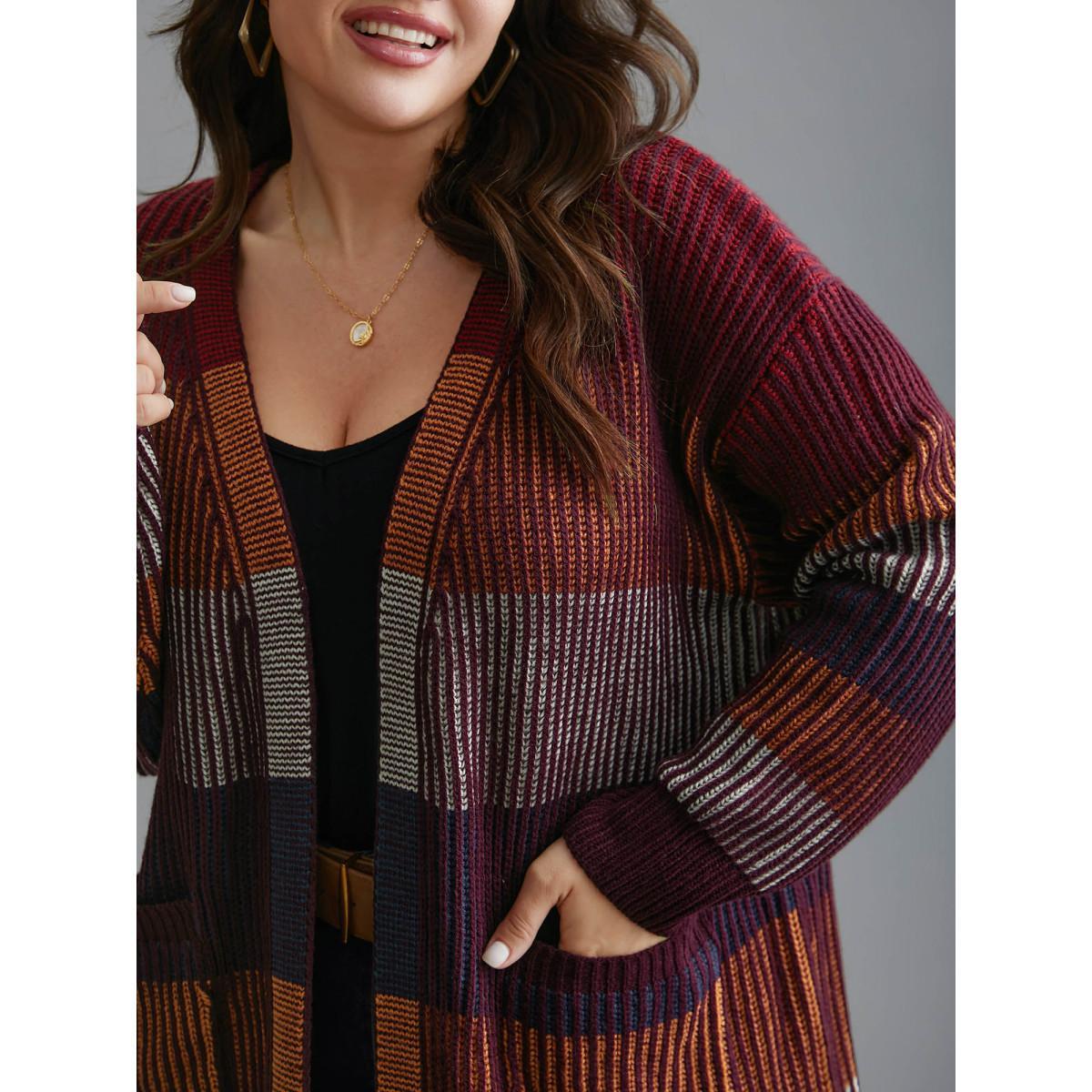 Plus Size Front-Open Color Block Knit Cardigan Multicolor Women Casual Loose Long Sleeve Everyday Cardigans BloomChic 12/L Product Image