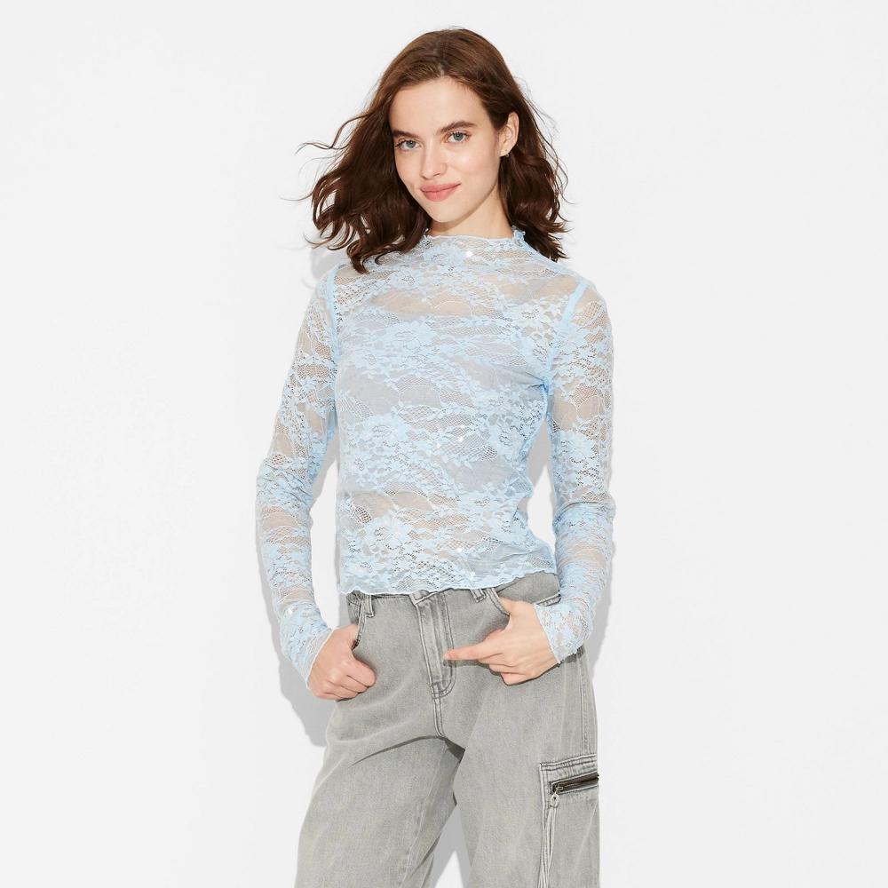 Womens Long Sleeve Lace Sequin Top - Wild Fable Light Blue Product Image